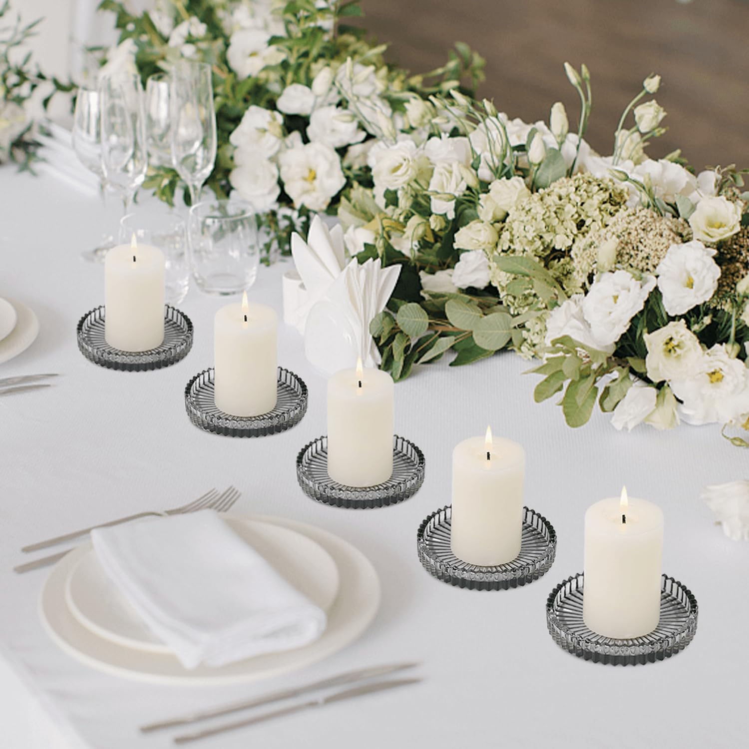 Glass Pillar Candle Holders Set of 6 - 4 Inch Gray Candle Plates for Wedding Centerpieces, Party Decor, Holiday Table Settings & Home Decoration - Elegant Dining Table Centerpiece for Romantic Dinners & Special Occasions