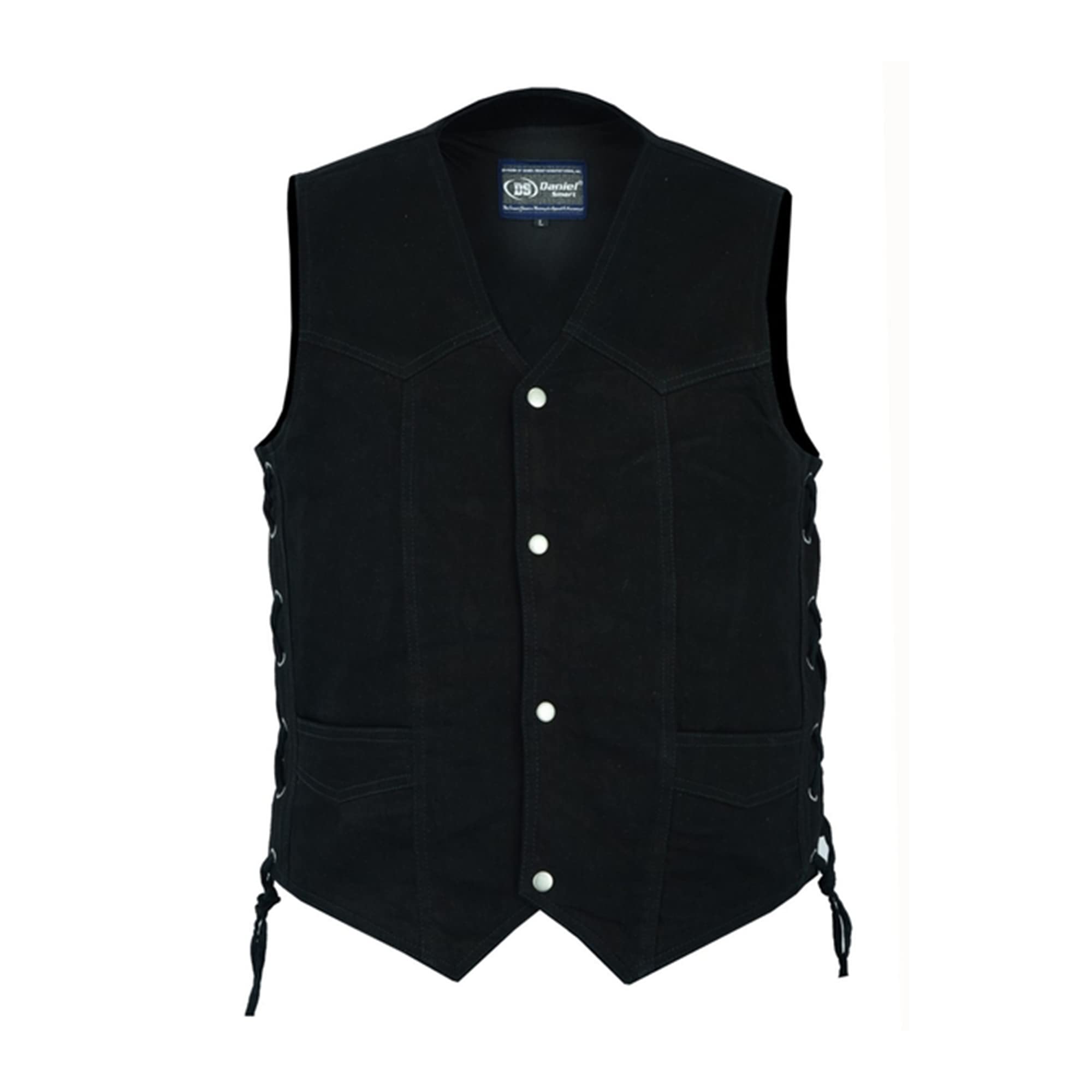 Daniel Smart Men's Black Denim Motorcycle Vest with Side Laces & Concealed Armory Pocket - Stylish Biker Jacket for Riding, Outdoor Adventures & Casual Wear