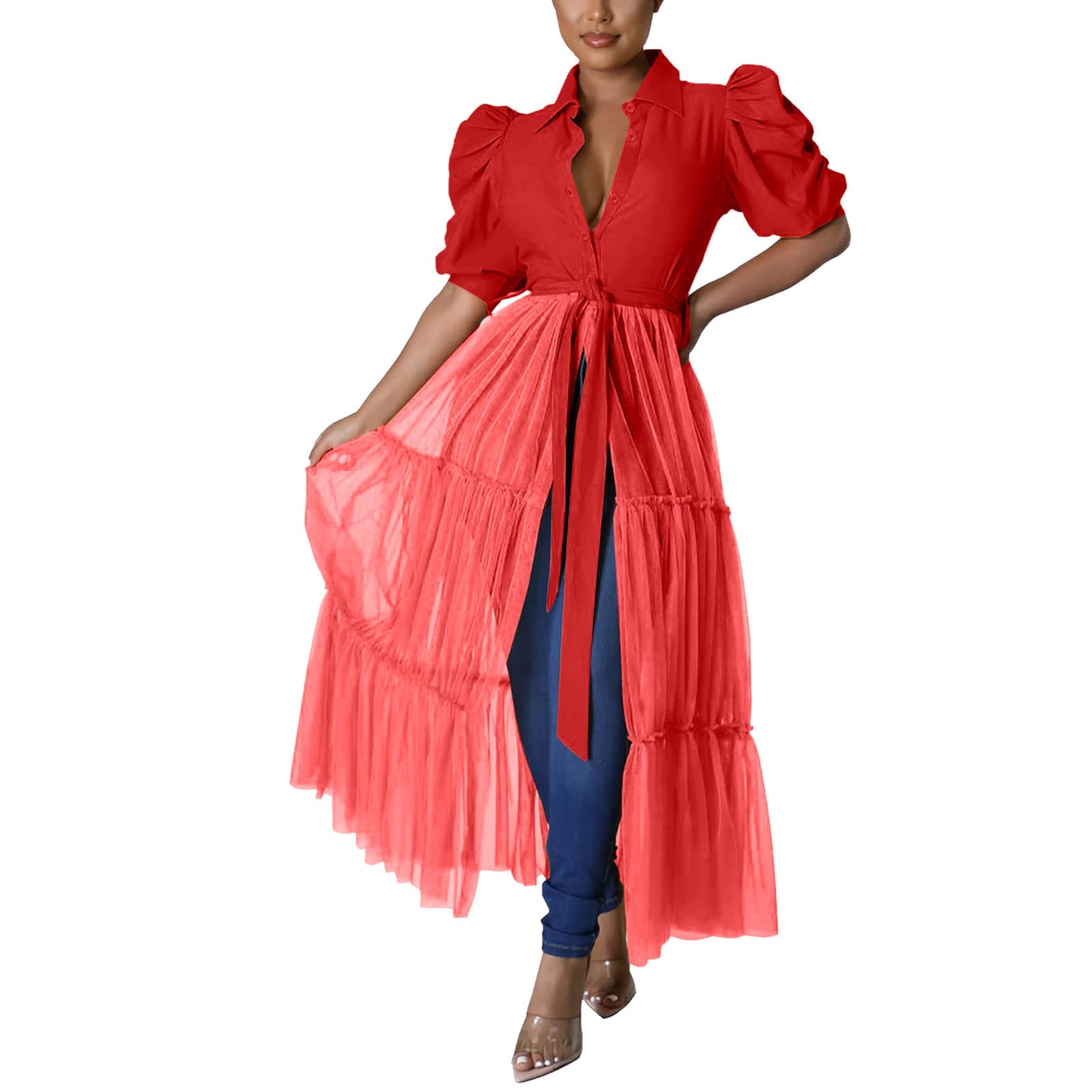 Women's Short Sleeve Bodycon High-Low Asymmetrical Ruffle Tunic Blouse Top Dress - Elegant Wedding Guest Outfit for Parties, Cocktail Events & Special Occasions