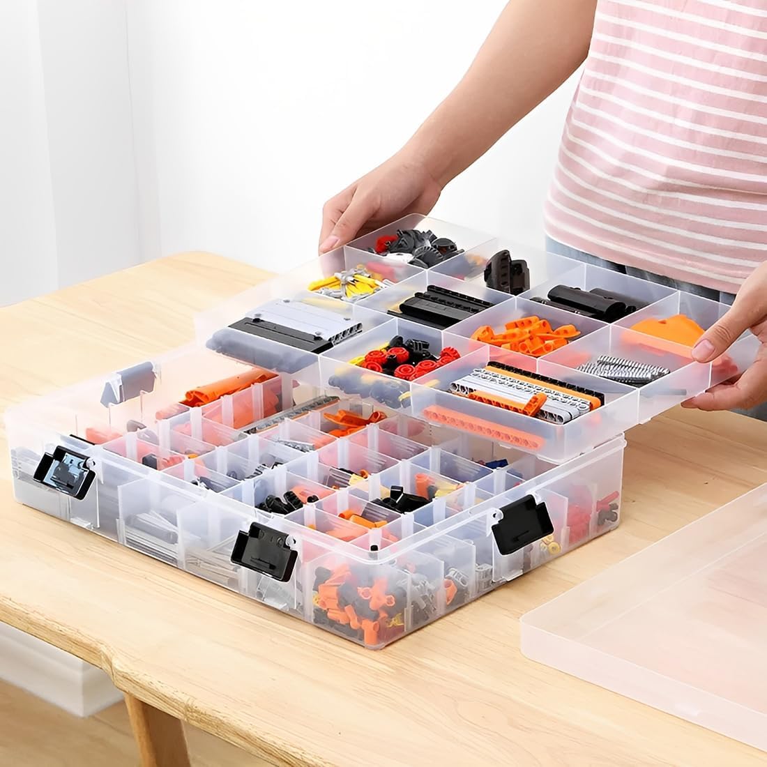 EZOWare 2-Tier Clear Plastic Craft Storage Organizer Box - 118 Adjustable Grid Compartments with Handle, Stackable Jewelry & Sewing Supplies Container for Beads, LEGO Blocks, Fishing Tackle - Perfect for Craft Rooms, DIY Workshops & Home Organization