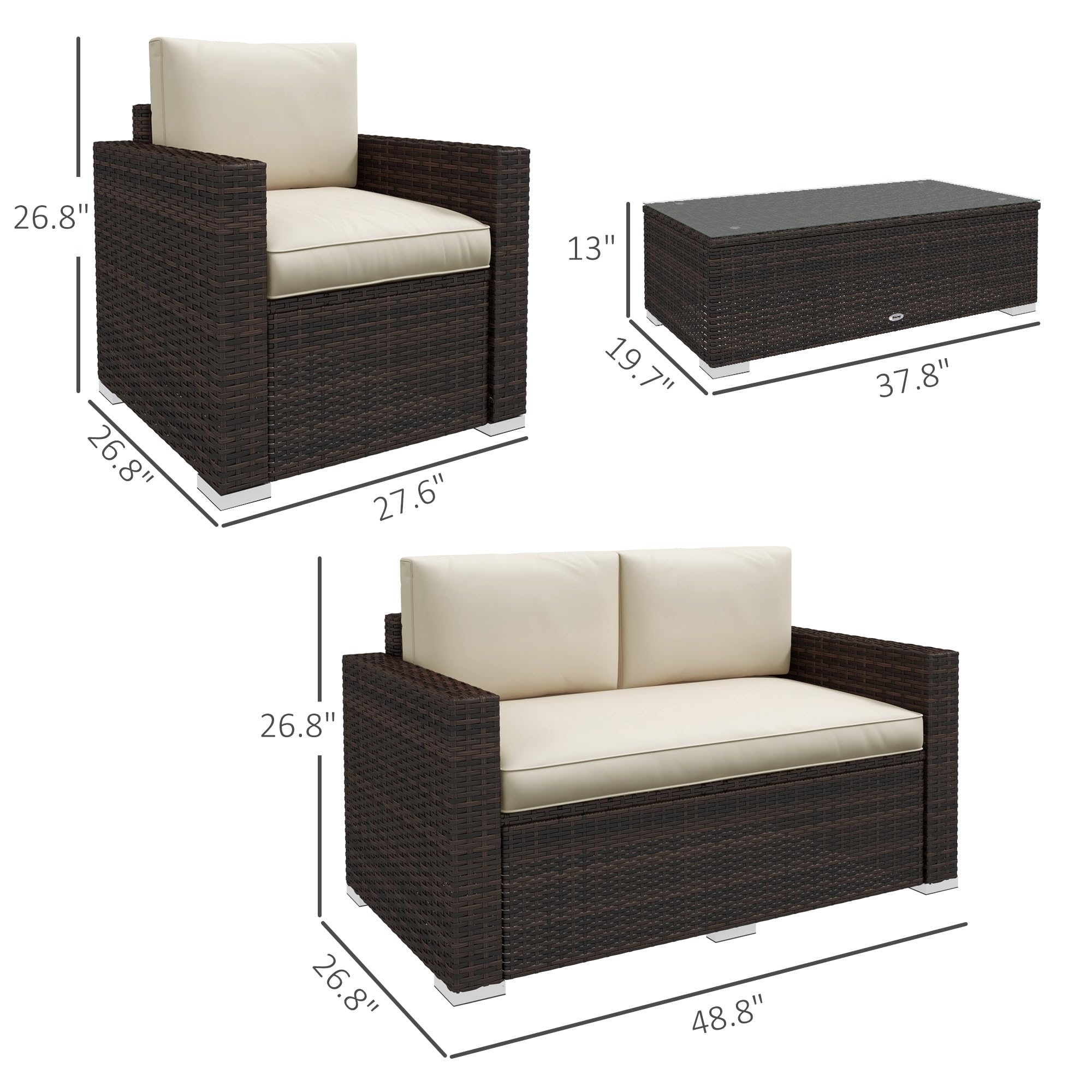 Outsunny 4-Piece Wicker Patio Furniture Set with Cushions - Outdoor Sectional Sofa Set with 2 Seating Chairs, Loveseat & Glass Top Coffee Table - Weather-Resistant Garden Conversation Set in Khaki - Perfect for Backyard, Poolside & Patio Relaxation