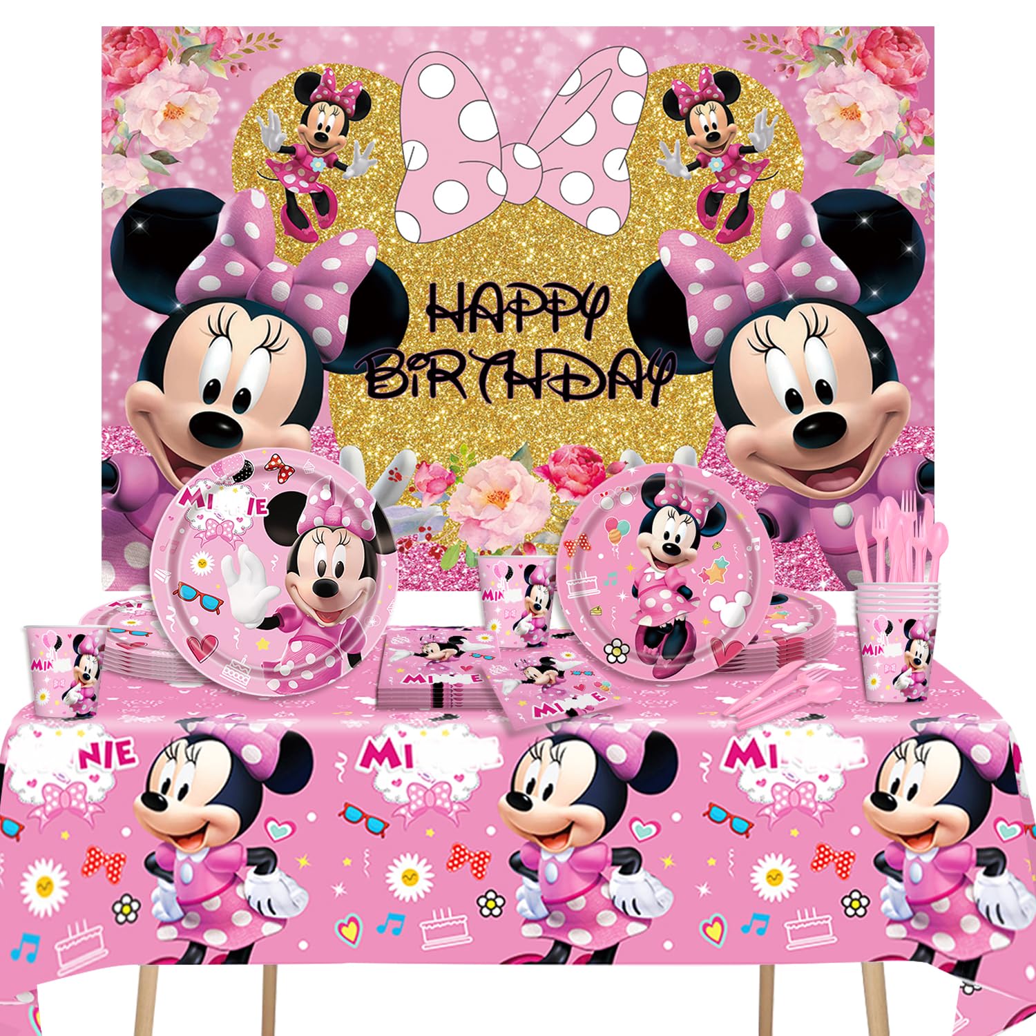 Pink Mouse Party Tableware Set - 6x4ft Backdrop, Dinner Plates, Dessert Plates, Paper Cups, Forks, Knives, Spoons, Napkins & Tablecloth - Perfect for Birthday Parties, Baby Showers & Themed Events