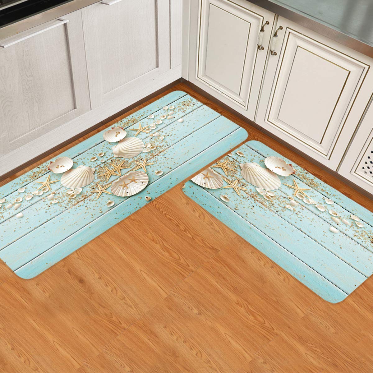 Non-Slip 2-Piece Beach Kitchen Rug Set - Cushioned Comfort Floor Mats with Coastal Seashell & Starfish Design - Soft Standing Doormat & Runner for Kitchen, Bathroom, or Entryway - Blue Wood Board Pattern - Perfect for Coastal Home Decor & High-Traffic Areas