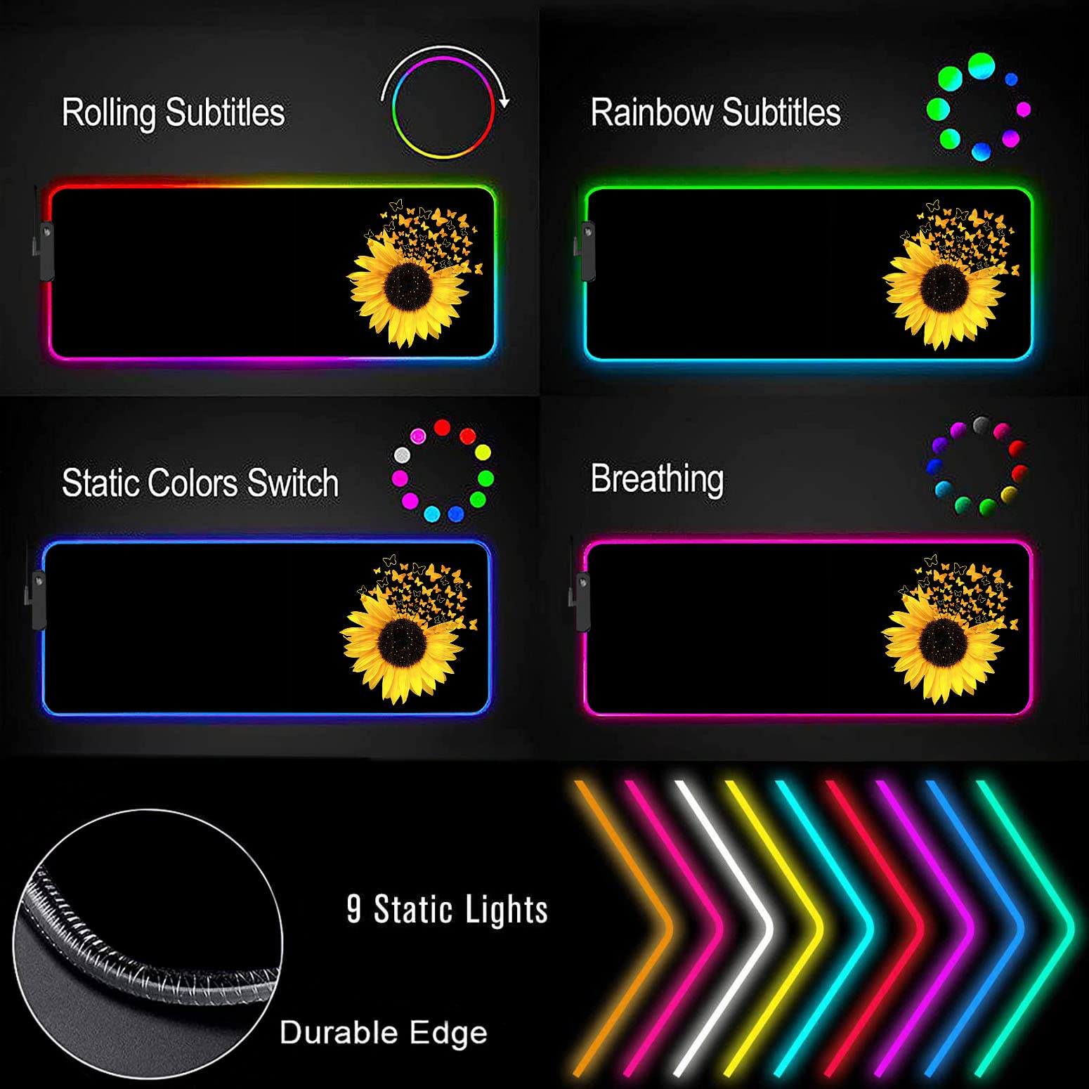 RGB Gaming Mouse Pad - Large LED Light-Up Desk Mat with Non-Slip Waterproof Surface for PC Gaming, Office Work & Home Use | Sunflower Butterfly Design