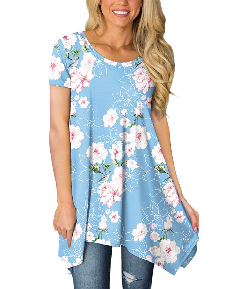 POPYOUNG Women's Short Sleeve Tunic Tops - Casual Loose Swing Blouse Shirt for Summer Outfits & Office Wear