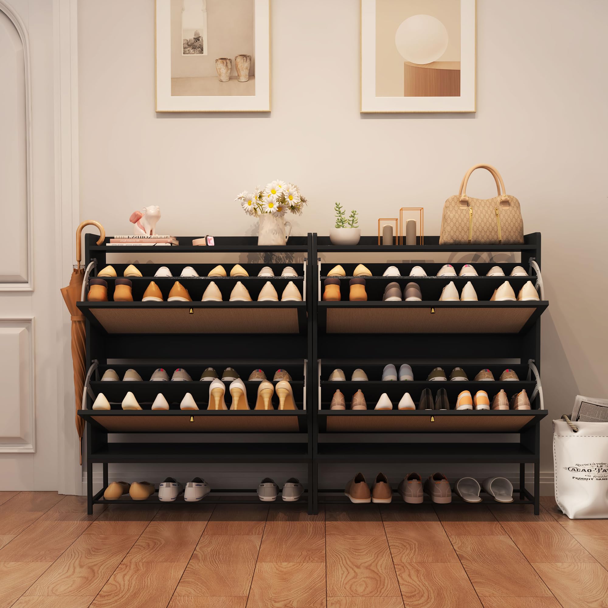 AVZEAR Narrow Shoe Storage Cabinet with 2 Flip Drawers - Freestanding Wooden Closed Shoe Rack Organizer for Entryway, Hallway, Living Room - Space Saving Slim Design (Black) | Perfect for Small Spaces, Apartments & Closet Organization