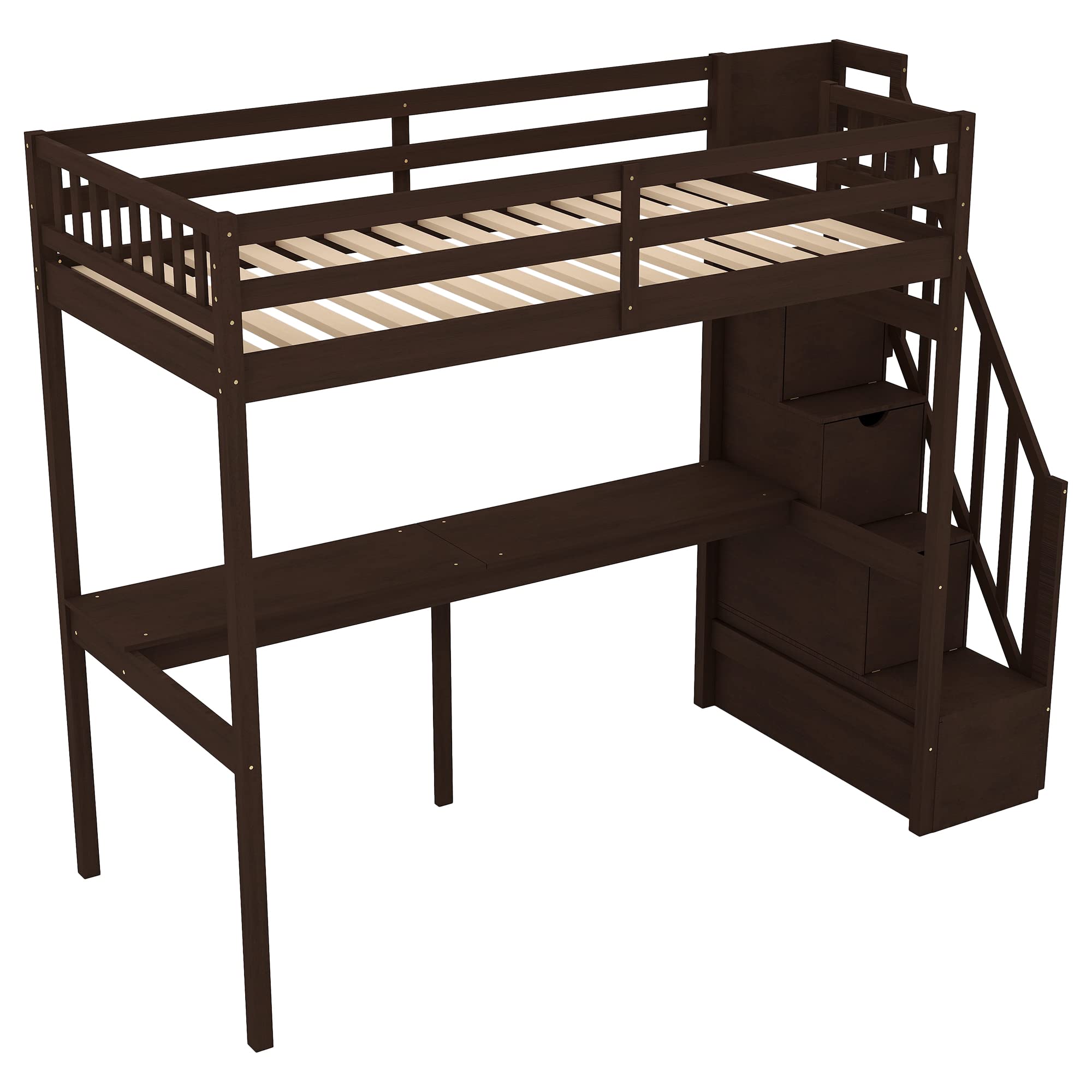 SOFTSEA Twin Size Loft Bed with Storage Steps & Desk - Sturdy Wooden Study Loft Bed Frame with L-Shaped Desk, Built-in Storage Stairs, Safety Guard Rails for Kids & Teens Bedrooms - Espresso Finish - Perfect for Small Spaces, Dorm Rooms & Kids' Bedrooms