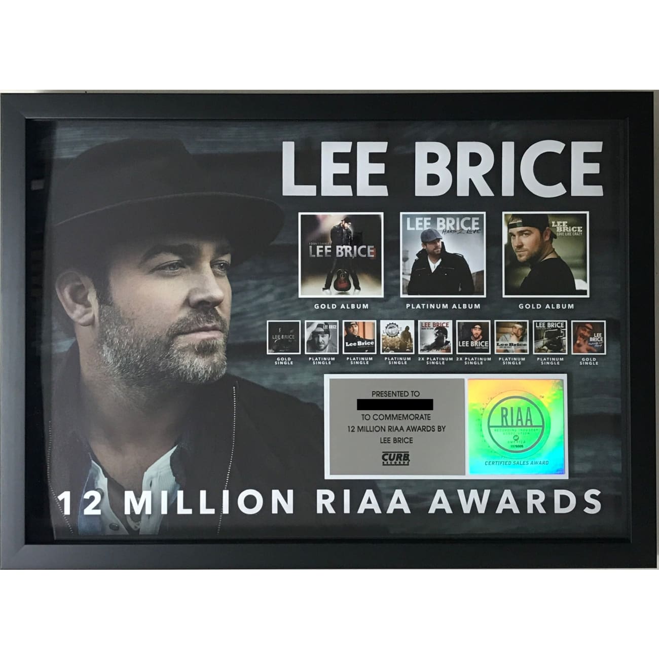 Lee Brice RIAA 12 Million Sold Combo Award - Perfect for Country Music Fans & Collectors - Display in Home, Office or Music Studio