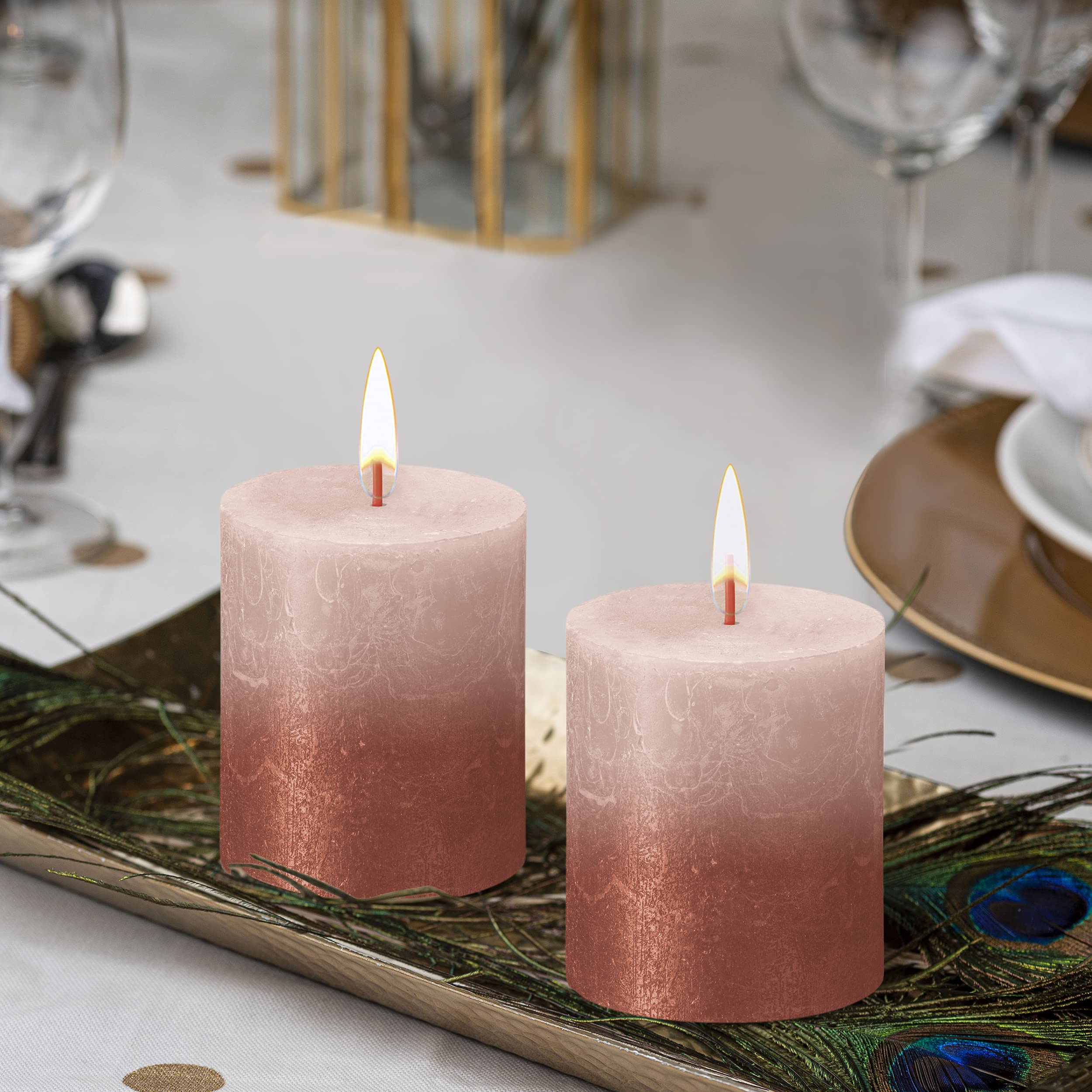 BOLSIUS 4 Pack Misty Pink & Amber Sunset Rustic Metallic Pillar Candles - 2.75