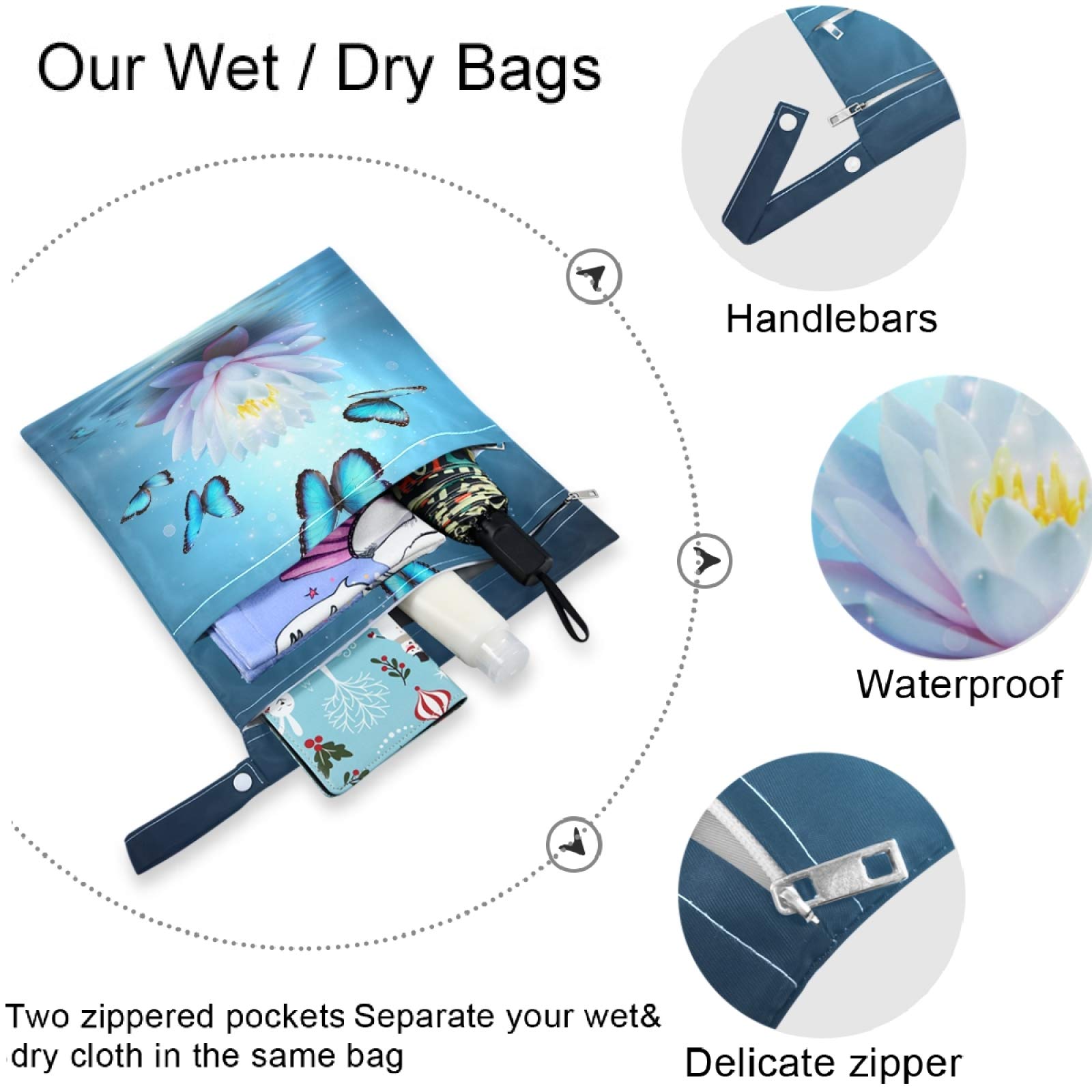 Visesunny Blue Butterfly Lotus 2Pcs Wet Bags - Waterproof Reusable Zippered Pouch for Travel, Beach, Pool, Gym & Daycare | Perfect for Wet Swimsuits, Dirty Clothes, Diapers & Toiletries | Compact & Washable for Strollers & On-the-Go Use