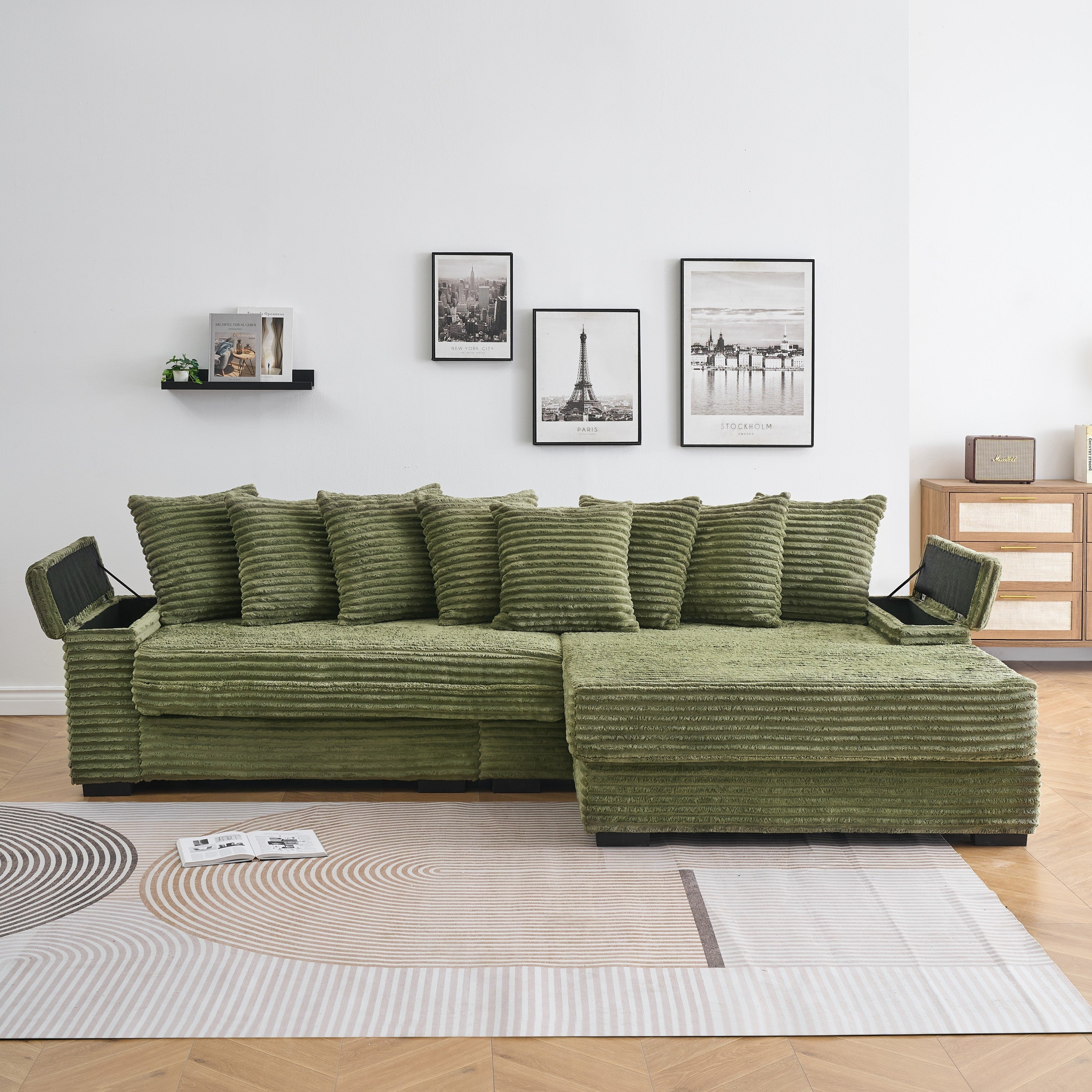 111.4 Inch Green Corduroy Sofa with Cup Holders & Storage Lockers on Armrests, Reversible Chaise Lounge (Left/Right Swappable) - Perfect for Living Room & Bedroom | Modern Comfort for Movie Nights & Family Gatherings