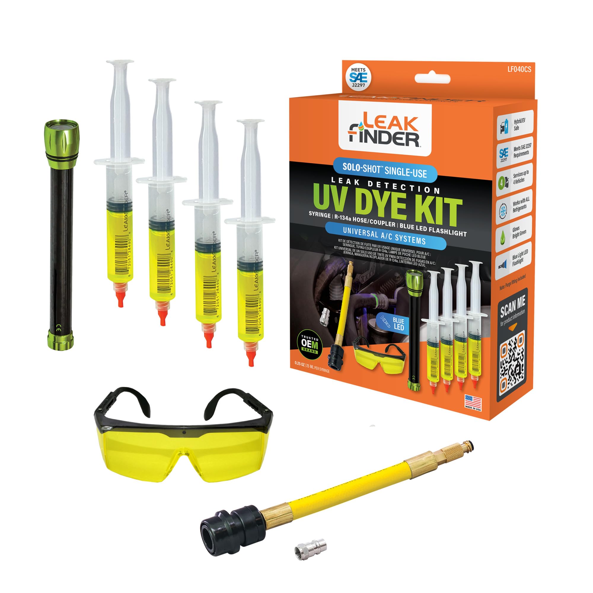 LF040CS SOLO-SHOT Single-Use Air Conditioner Refrigerant Leak Detection Kit - (4) UV Fluorescent Dye Syringes, Safety Glasses, R134a Hose Coupler | Made in USA | Perfect for HVAC Technicians & DIY Car AC Repair