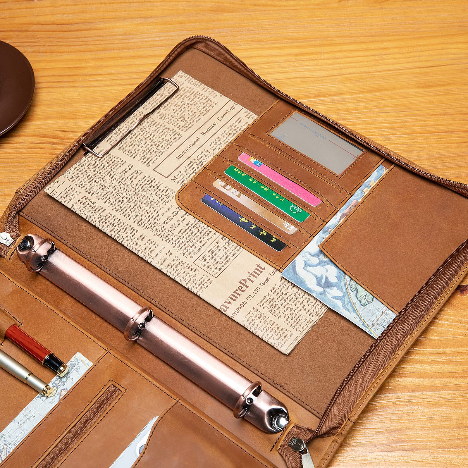 YIWEN Handmade Genuine Leather Portfolio - Professional Zippered Padfolio with 3-Ring Binder & Tablet Pocket | Business Organizer, Resume Folder, Notebook Holder | Custom Engraved Brown Leather | Perfect for Office, Meetings & Job Interviews