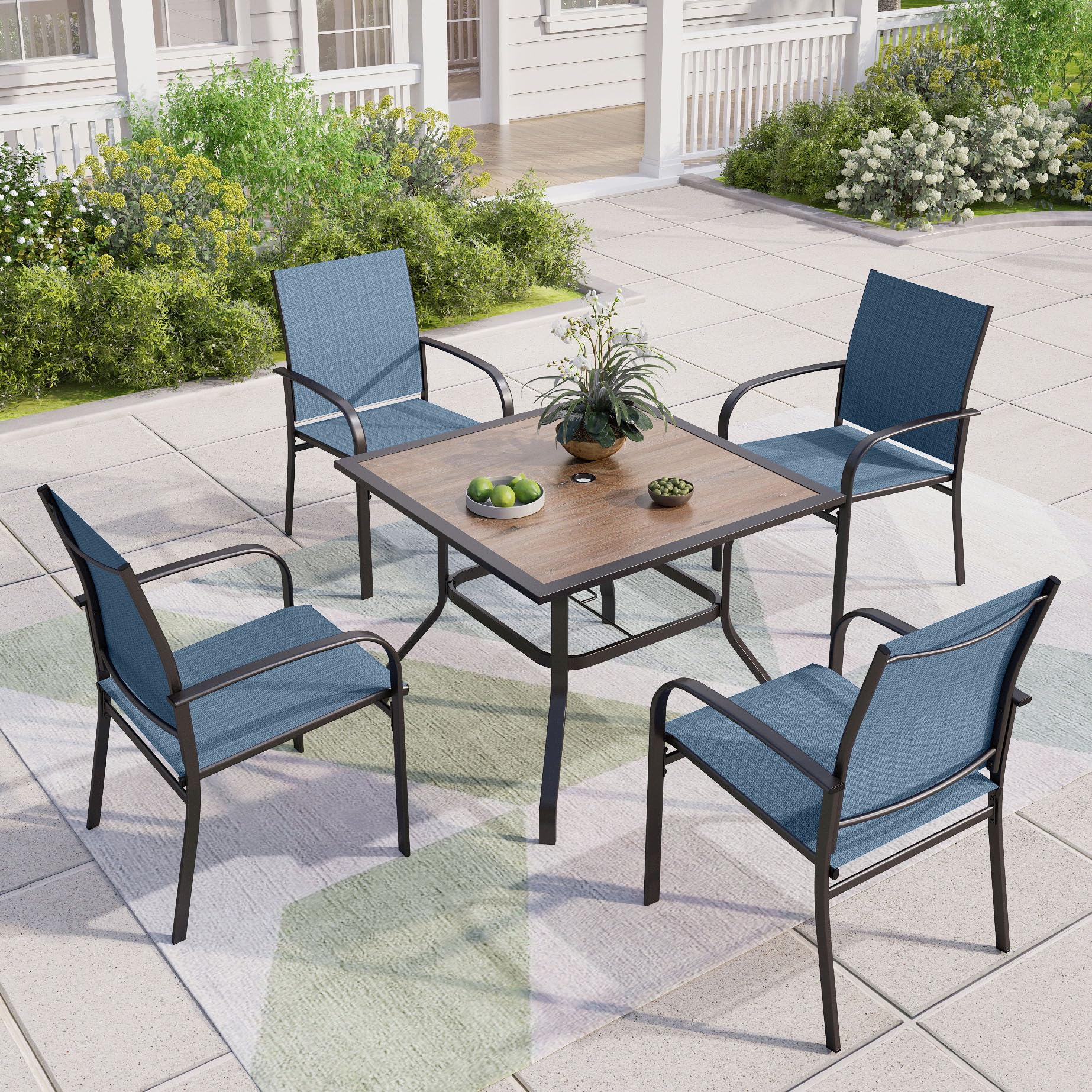 5-Piece Patio Dining Set with 4 Blue Textilene Chairs & 37