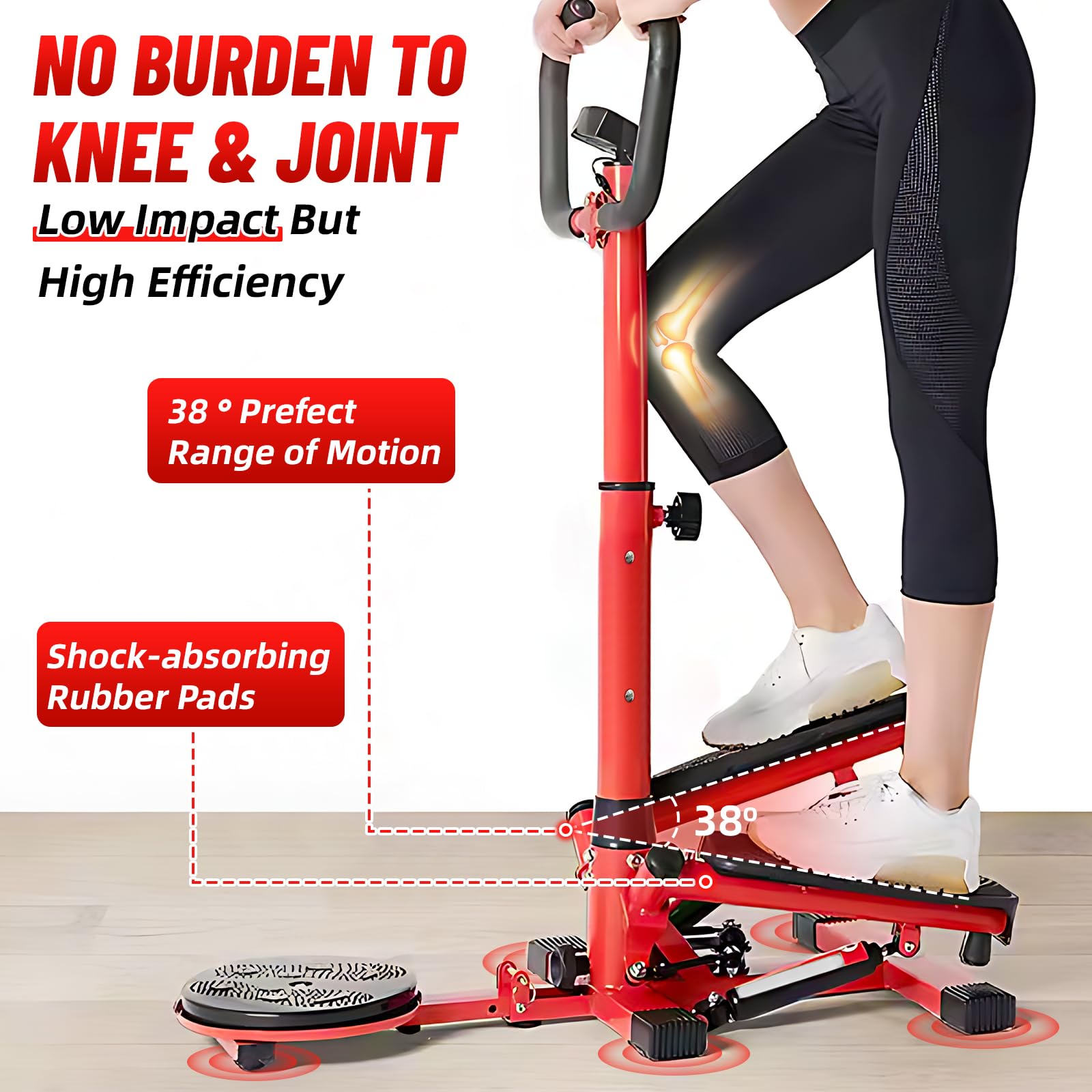Mini Stepper with Handlebar & Resistance Bands - 330lbs Capacity Twist Stepper Machine for Home Cardio, Full-Body Workout & Fitness - Perfect for Small Spaces, Office Exercise & Weight Loss (Red)