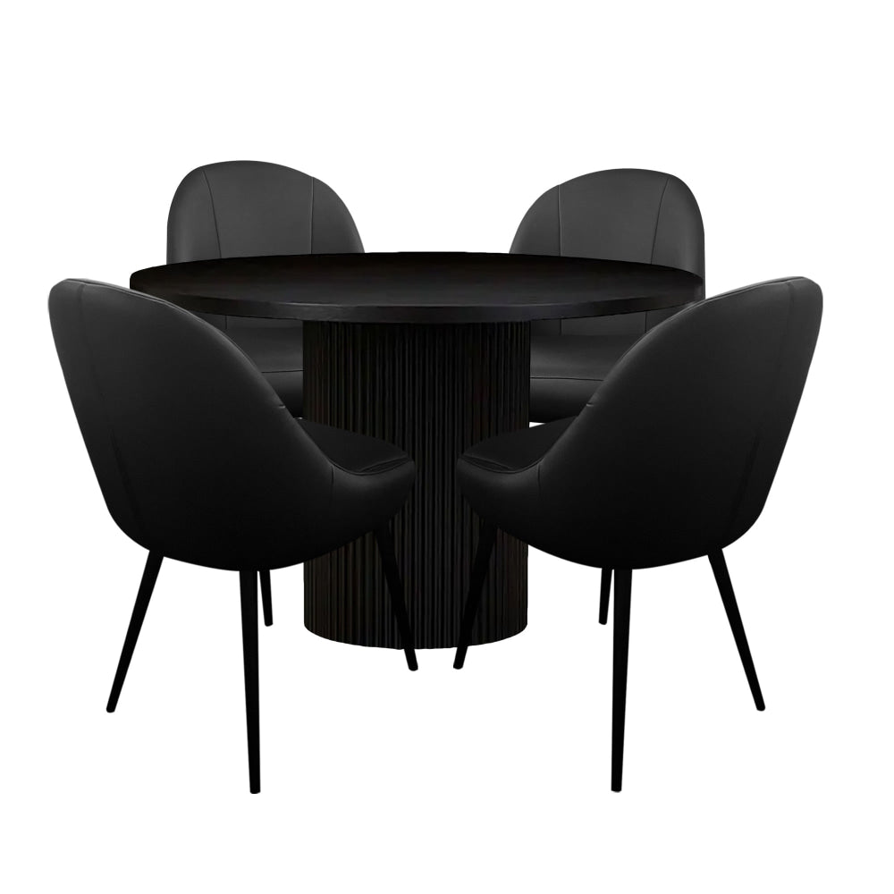 5-Piece Dining Set - Harper Round Marble-Look Dining Table 120cm White with 4 PU Leather Chairs Black - Modern Kitchen & Small Space Dining Room Furniture Set for Home, Apartment, Breakfast Nook