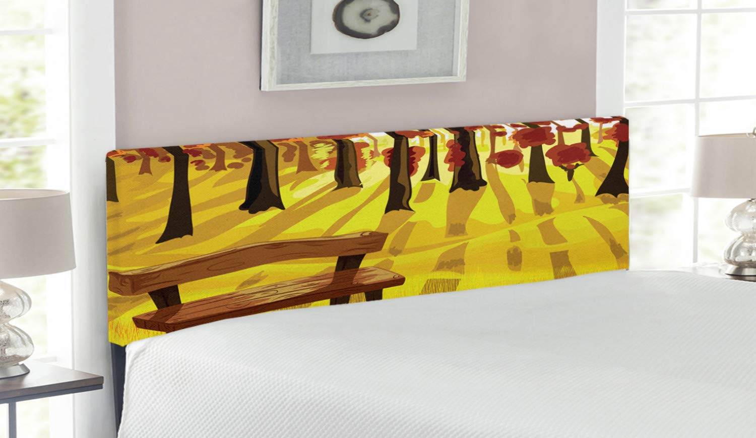 Ambesonne Forest Headboard - Cartoon Bench in Autumn Park with Abstract Seasonal Design, Upholstered Decorative Metal Bed Frame with Memory Foam, Queen Size, Burnt Sienna Yellow - Perfect for Cozy Bedroom Decor and Nature-Inspired Home Interiors
