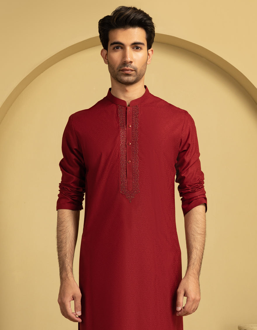 Stylish Blended Red Kurta by J. Junaid Jamshed - Perfect for Festivals, Weddings & Casual Wear
