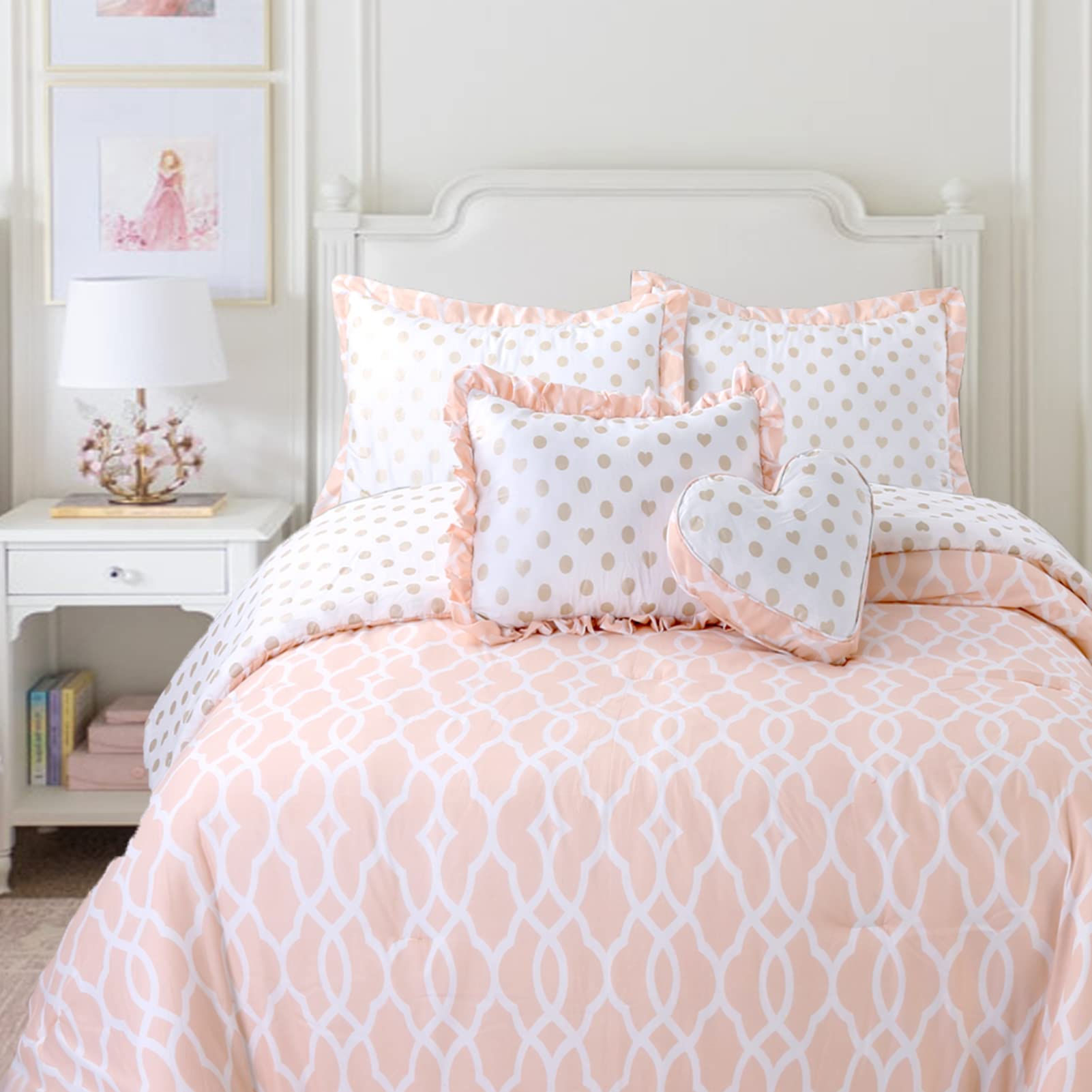 Cozy Line Home Fashions Heart Polka Dot Gold Reversible Twin Bedding Set for Girls - Ultra Soft All-Season Comforter Set (Sweet Peach, 2 Piece) | Perfect for Kids' Bedrooms, Sleepovers & Cozy Nights