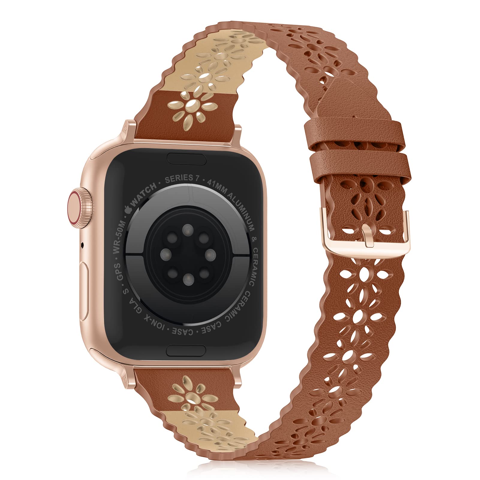 Bandiction Genuine Leather Apple Watch Band - Slim Lace Strap Compatible with iWatch Series Ultra/SE/8/7/6/5/4/3/2/1 (38mm 40mm 41mm 42mm 44mm 45mm 49mm) - Classic Clasp for Women - Perfect for Workouts, Office & Everyday Wear