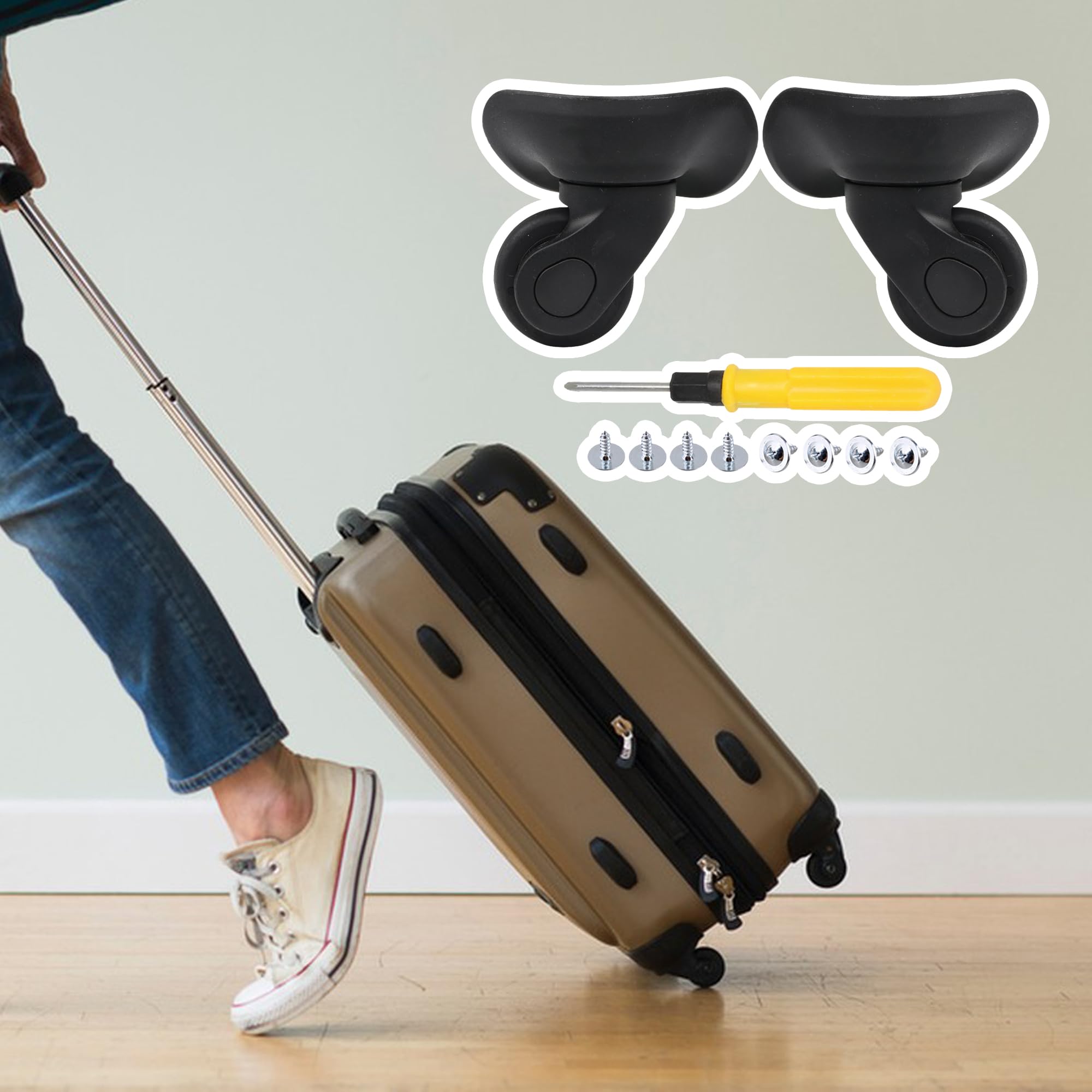 RDEXP 4 Holes DIY Luggage Swivel Caster Wheels with Installation Tool - Left & Right Wheel Set (Pack of 2) for Suitcase, Travel Bags & Rolling Carts - Easy Replacement & Smooth Mobility