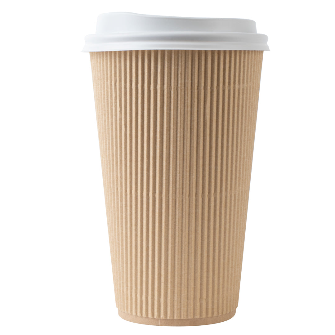 16 oz Kraft Paper Coffee Cups with White Lids - 200 Count (3.5