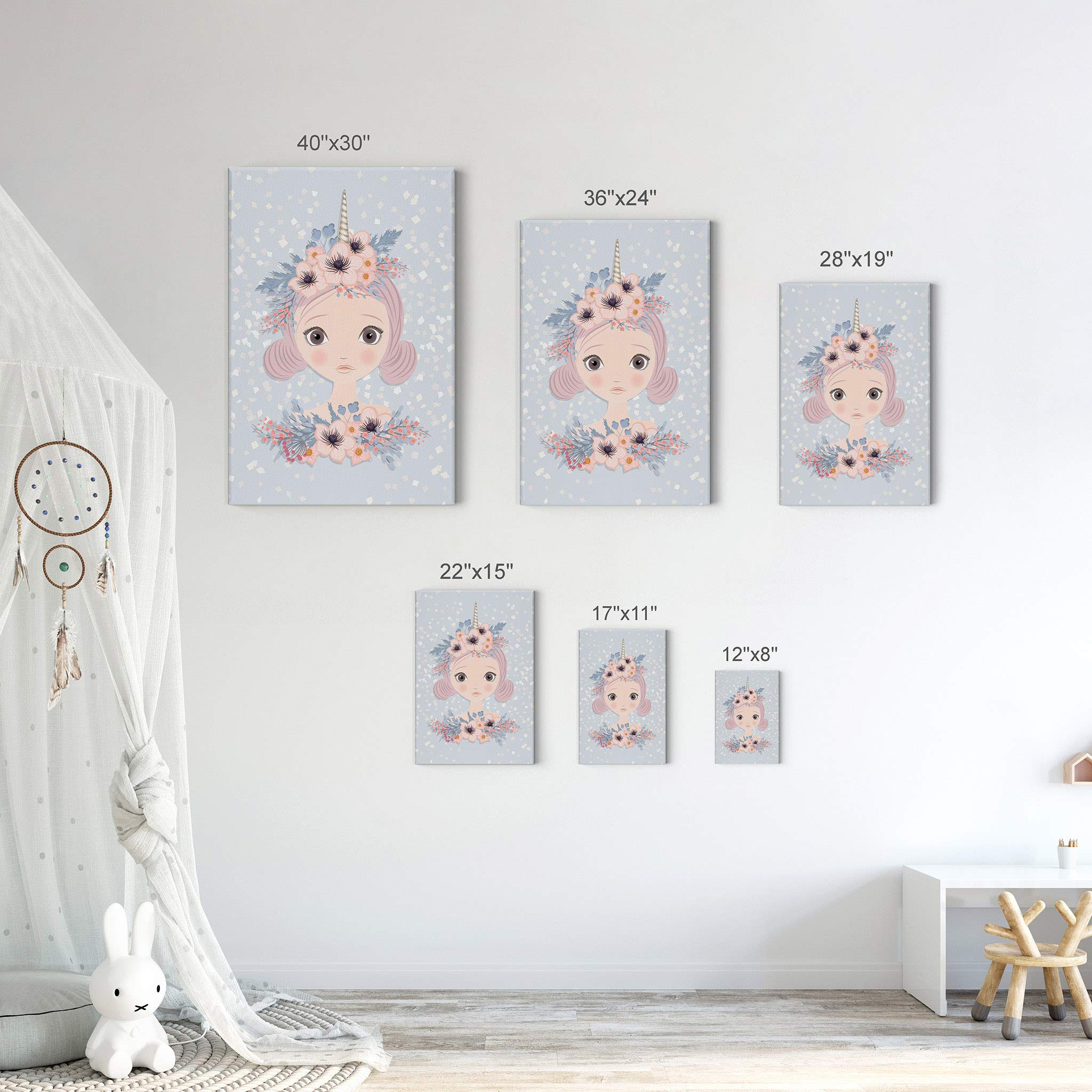 Smile Art Design Unicorn Girl and Flowers Canvas Wall Art - Blue 40x30 Inch Ready to Hang Nursery Decor, Kids Room Decor, Baby Gift - Made in USA | Perfect for Girls' Bedroom, Playroom & Birthday Presents
