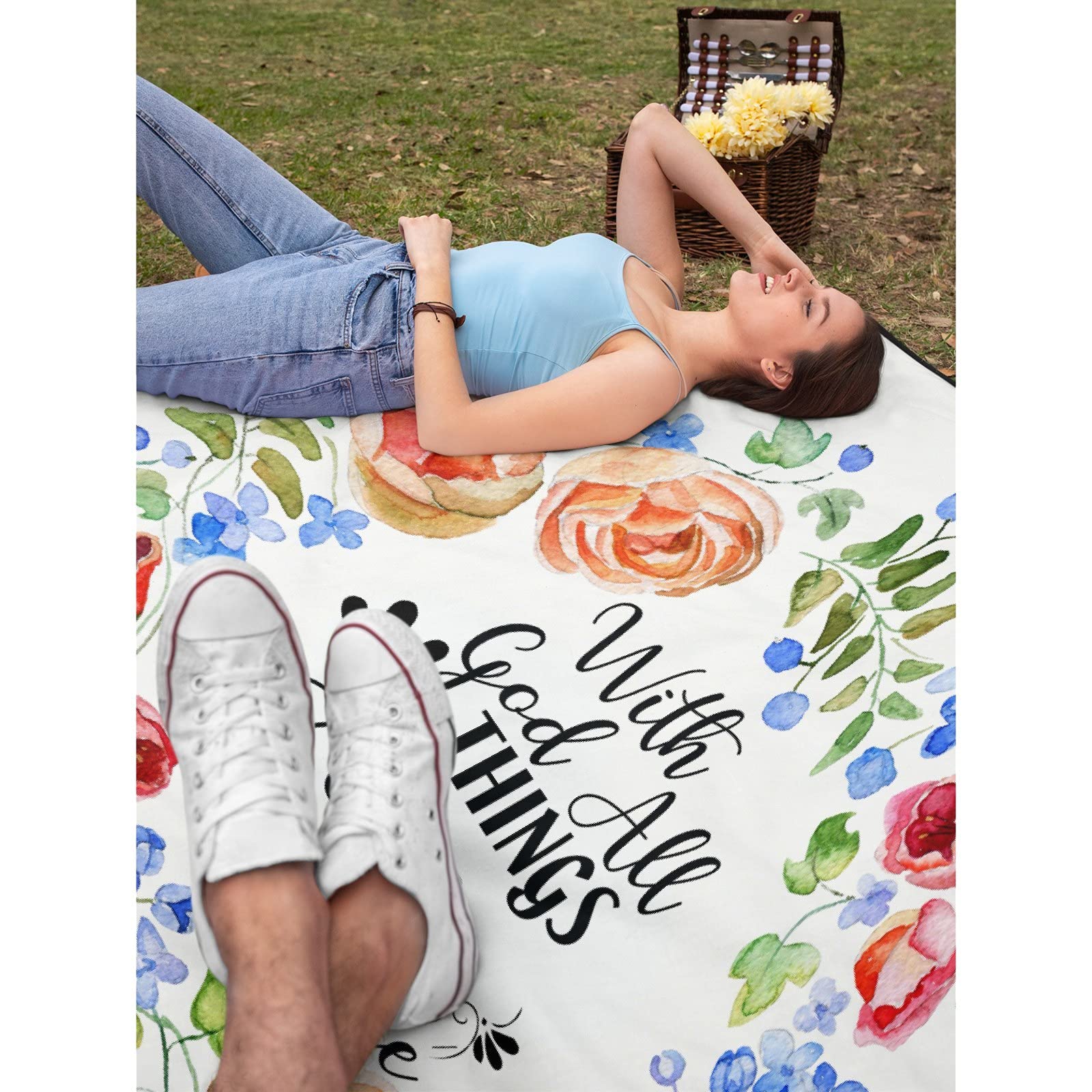 Floral Inspirational Blanket with Bible Verse 'With God All Things Are Possible' - 80x60 Inch Large Microplush Fleece Throw for All Seasons (Fall, Winter, Spring, Summer) - Perfect for Couch, Bed, Sofa, Reading Nook & Cozy Home Decor
