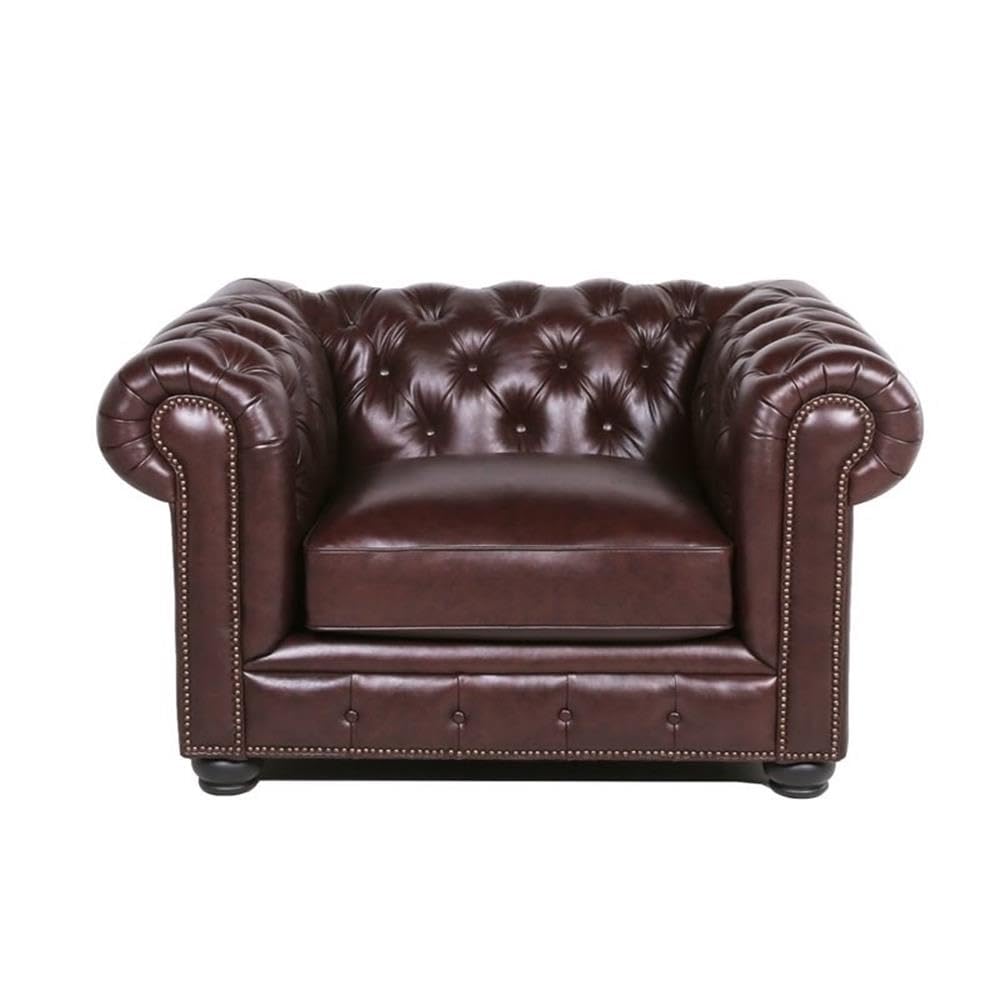 Luxury Brown Leather Chesterfield Accent Chair and Sofa 2-Piece Set for Living Room - Classic Home Square Furniture for Office, Lounge & Library Decor