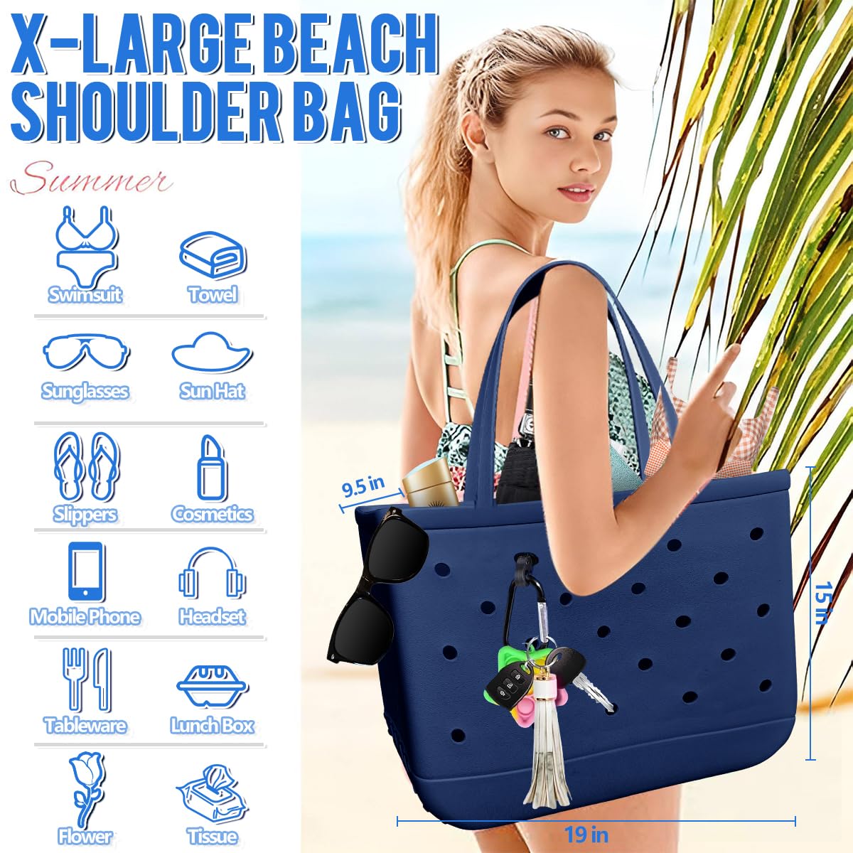 **Large Waterproof Beach Tote Bag for Women - Durable Washable Rubber Tote for Travel, Sports & Pool Day - Perfect for Beach Trips, Gym & Shopping**