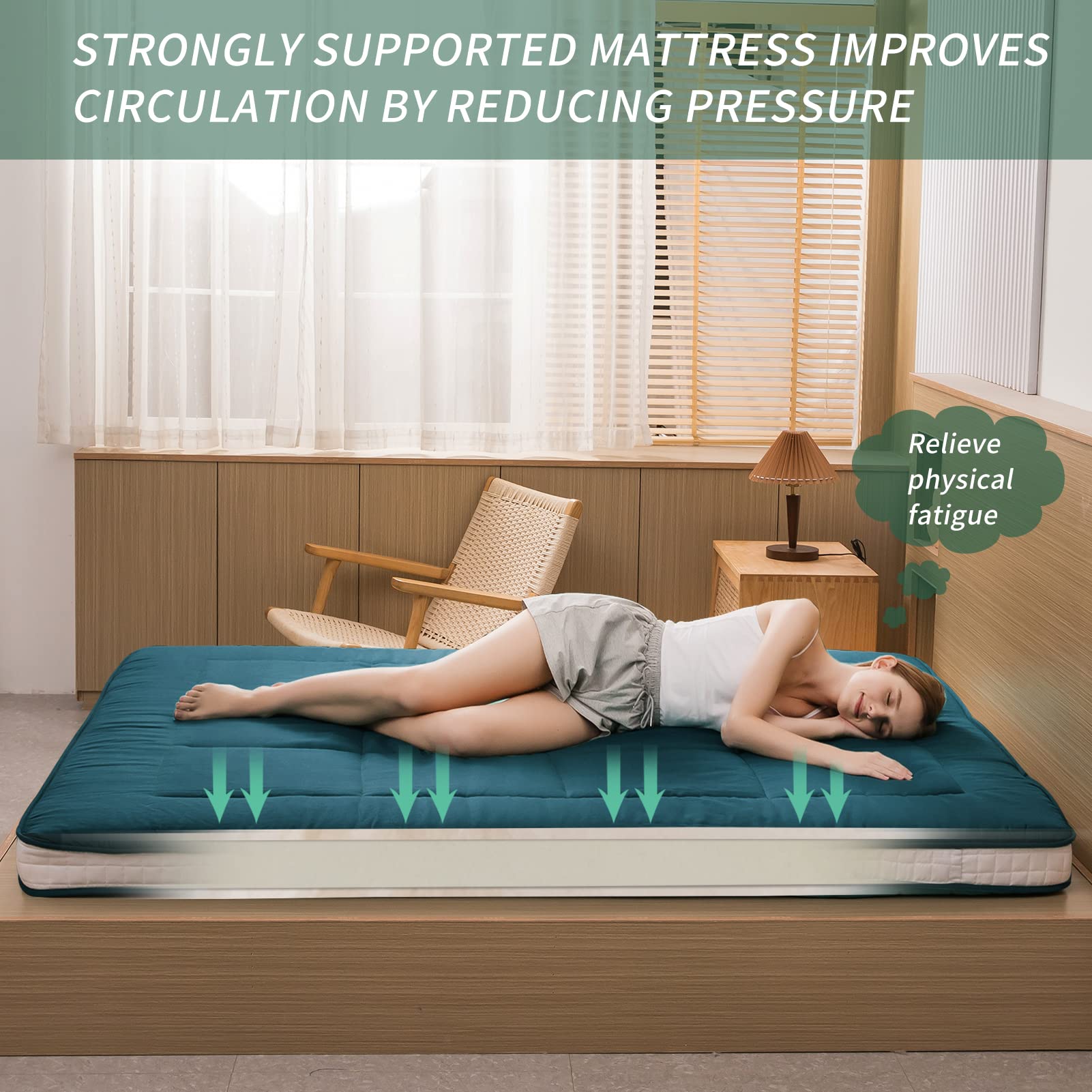 MAXYOYO Futon Mattress - Japanese Floor Sleeping Pad with Quilted Topper, Bluestone Blue | Foldable Floor Bed for Guest Room, Dorm, Camping & Yoga Mat Alternative