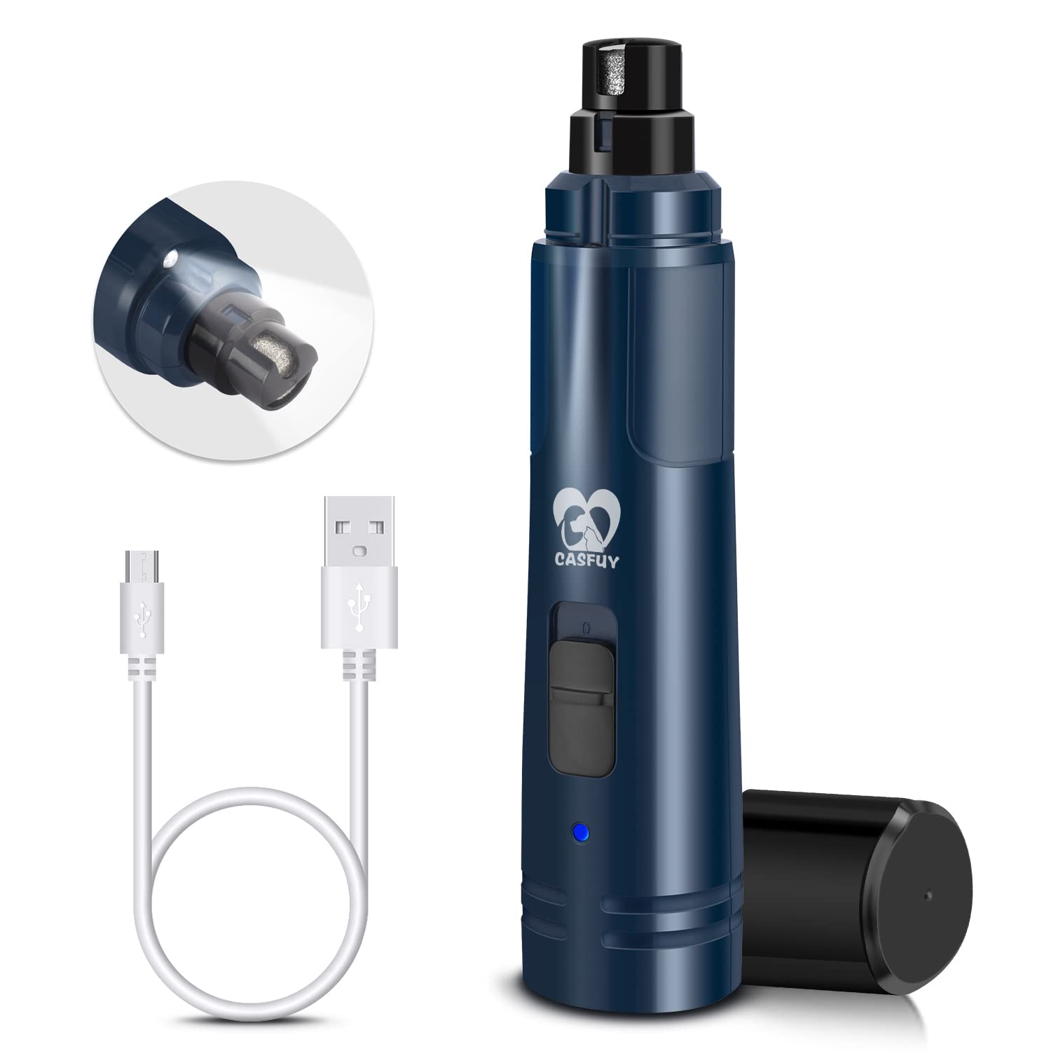 Casfuy Upgraded 2-Speed Electric Dog Nail Grinder with LED Light - Painless Pet Nail Trimmer for Small, Medium & Large Dogs & Cats - Dark Blue | Safe Paws Grooming & Smoothing for Home Pet Care & Professional Use