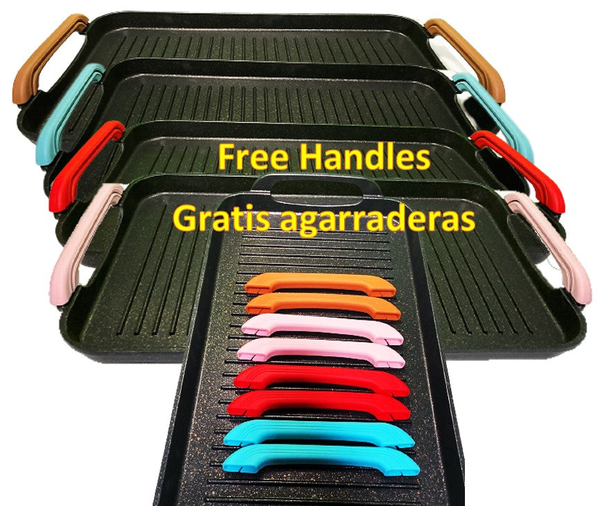 2-Pack Marble Griddle Set - Ribbed & Smooth Double-Sided Grill Pan with Free Colored Handles - Perfect for Gas Stove Cooking, Pancakes, Steaks & Outdoor BBQ