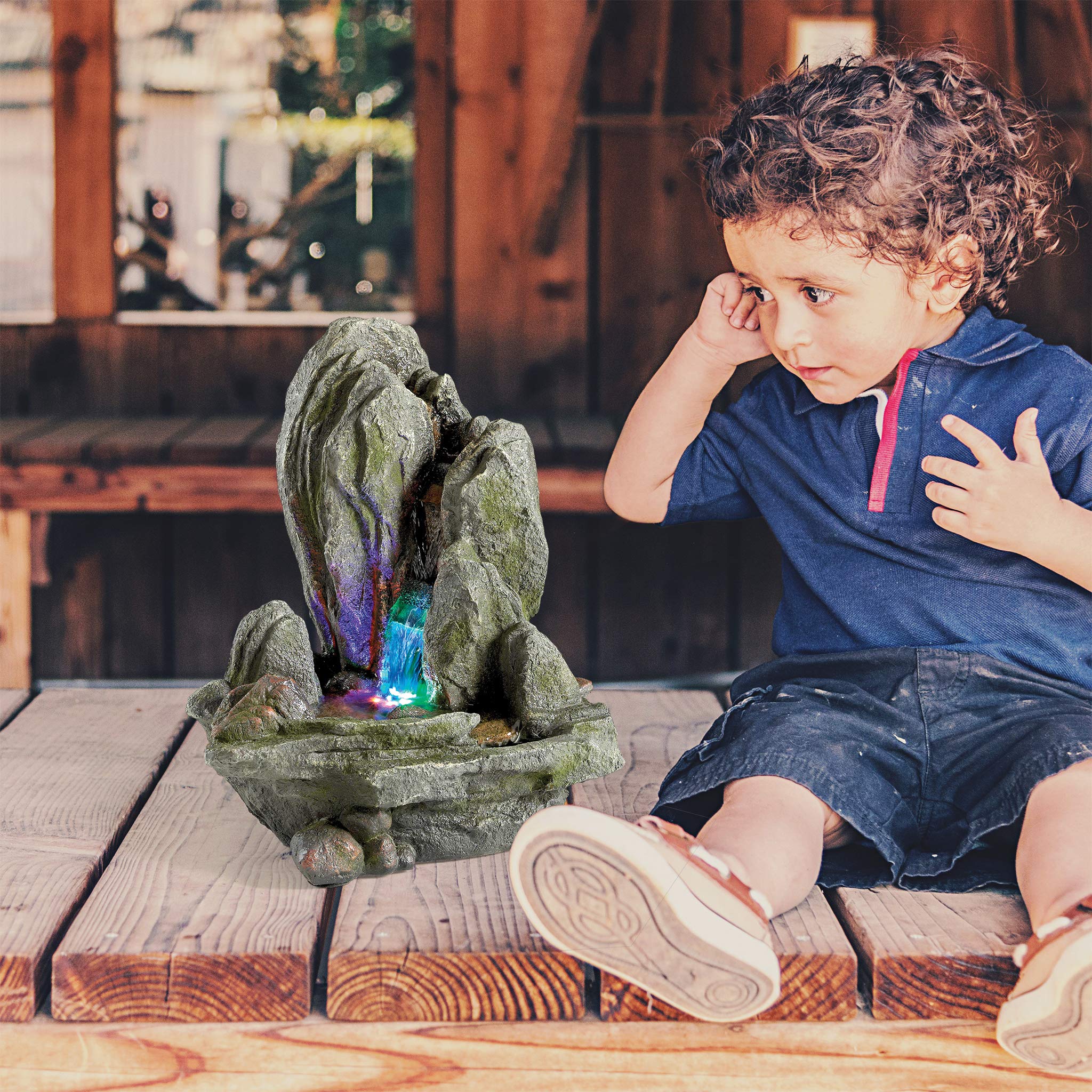 LED Water Fountain with Natural Rock Design - Boulder Falls Tabletop Fountain for Home & Office Decor - Relaxing Indoor Water Feature for Desk, Garden, or Meditation Space