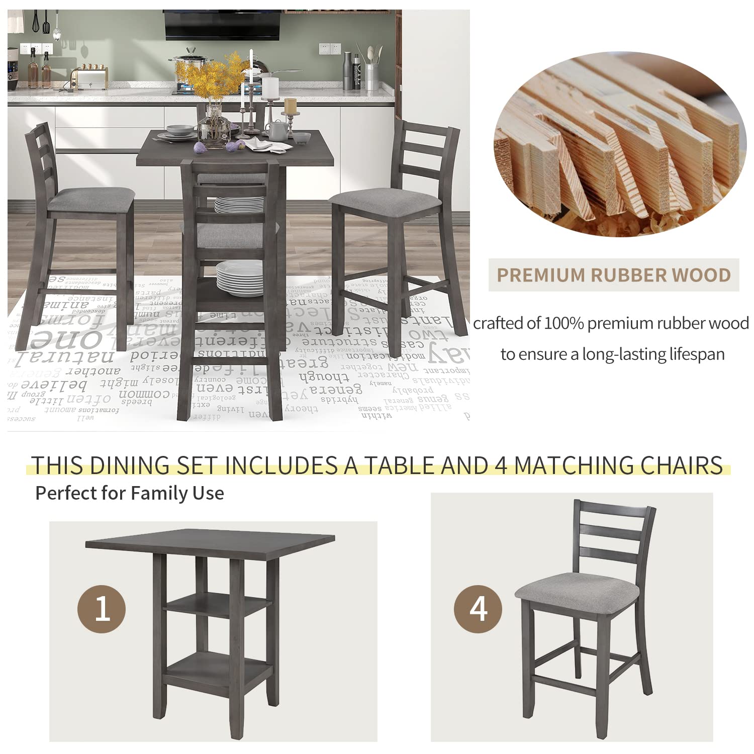 AOCOROE 5-Piece Counter Height Dining Table Set for 4 - 35 x 35 Inch Wood Table with 4 Padded Chairs - Perfect for Small Spaces, Dinette Kitchen, Breakfast Nook & Dining Room - Modern Farmhouse Style