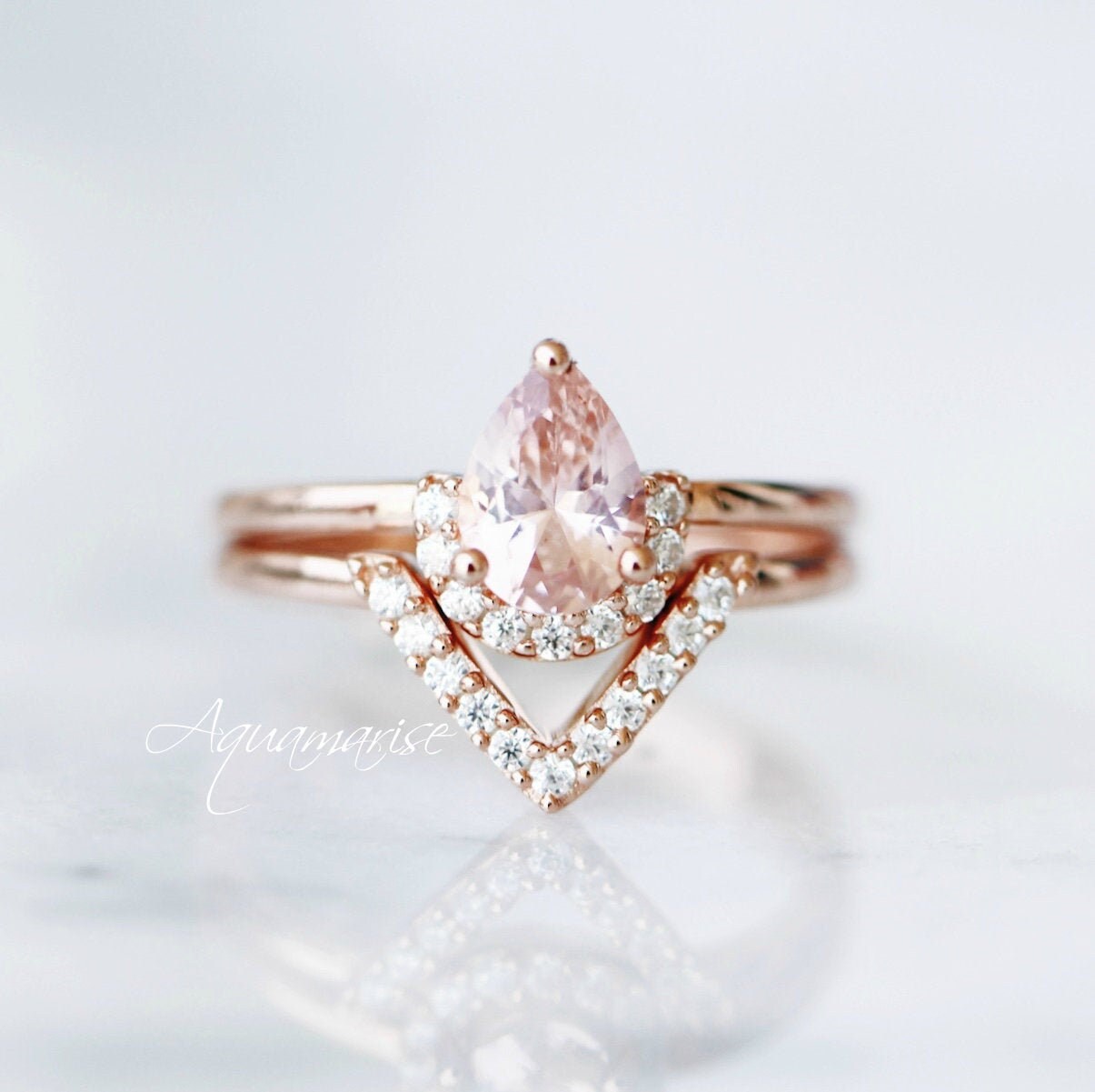 Aria Morganite Ring Set 14K Rose Gold Vermeil - Elegant Stackable Rings for Women, Perfect for Engagement, Wedding, Anniversary & Everyday Wear