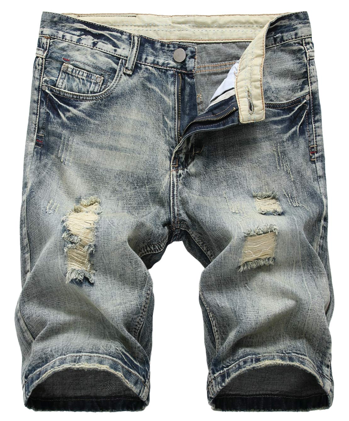 Loveimgs Men's Classic 5-Pocket Straight Leg Ripped Jeans - Distressed Denim Shorts for Summer | Casual Streetwear, Beach Outings & Weekend Hangouts