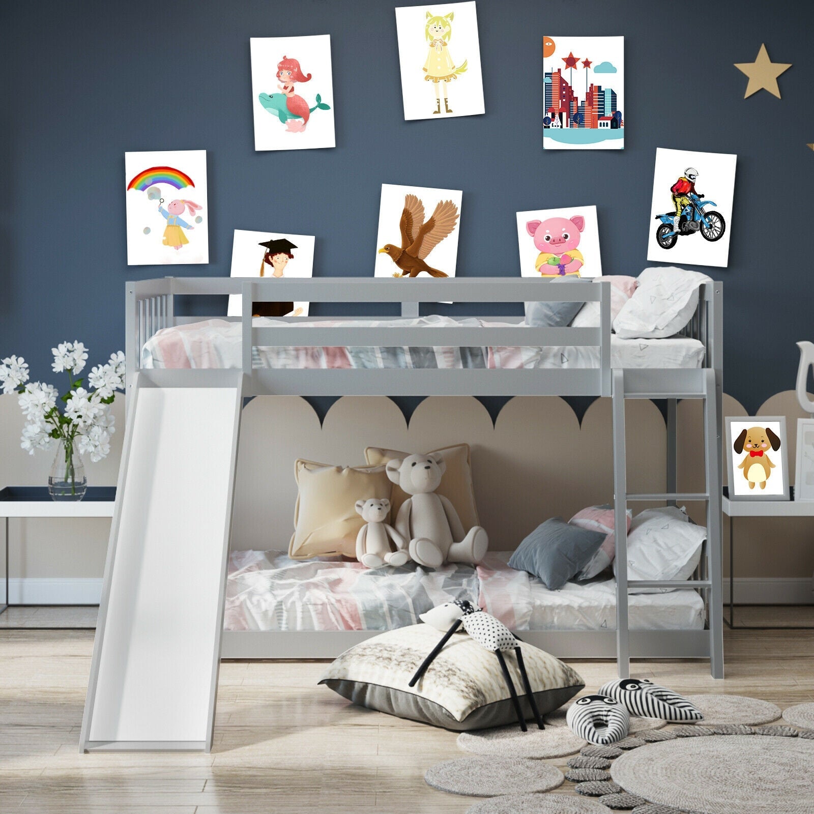 Twin Over Twin Bunk Bed with Slide Ladder - Solid Wood Low Loft Bed for Kids in Gray | Perfect for Small Bedrooms, Kids' Rooms & Sleepovers