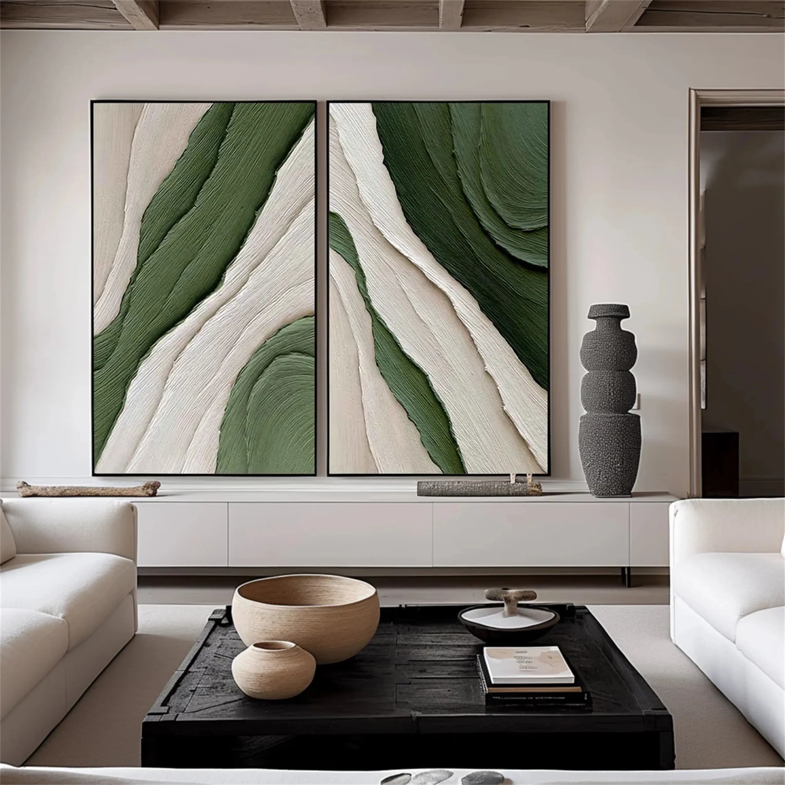 Abstract Blue and Green Wall Art Set of 2 - Modern Canvas Paintings for Living Room, Bedroom & Office Decor #BG047