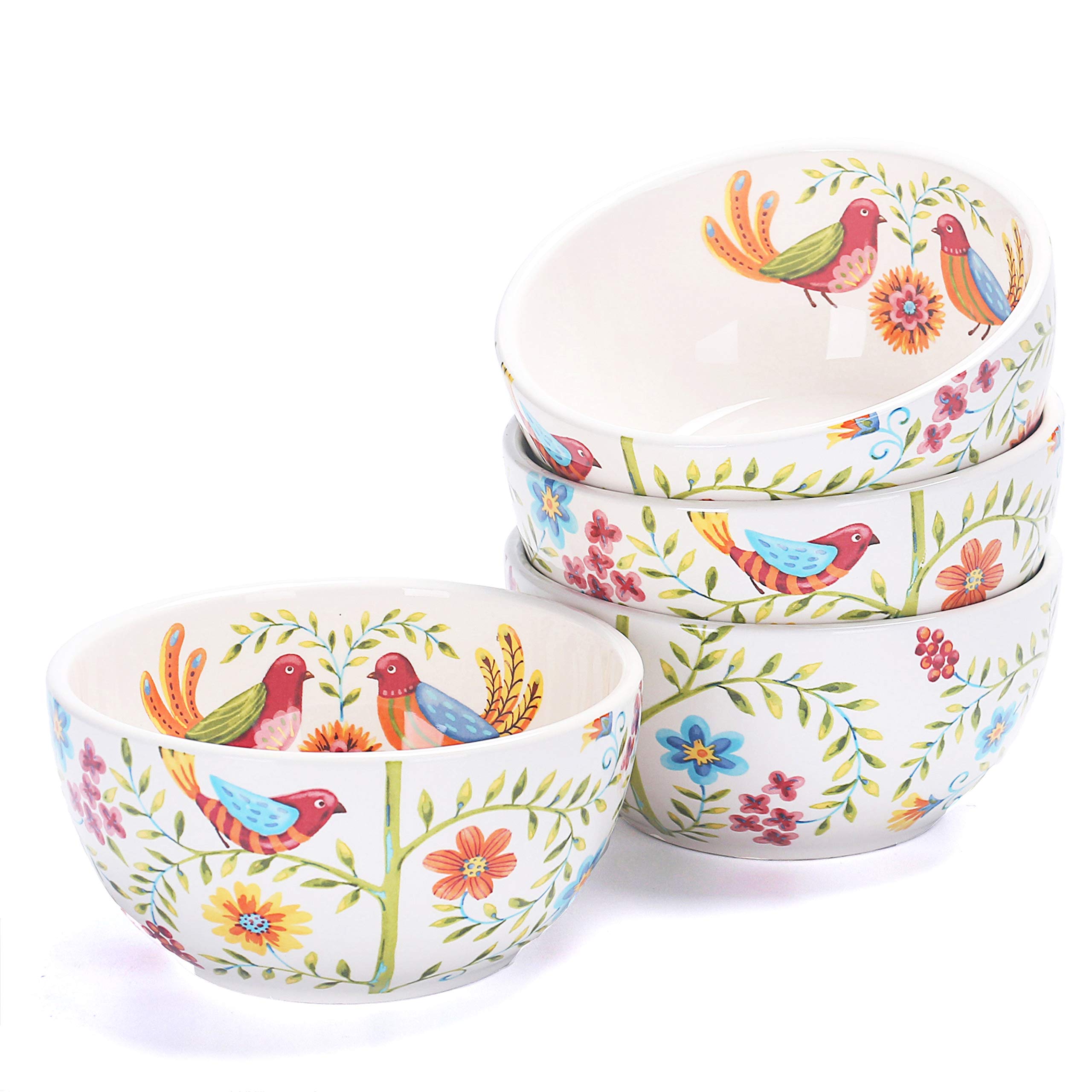 Bico Red Spring Bird Ceramic Bowls Set of 4 - 26oz Pasta, Salad, Cereal & Soup Bowls - Microwave & Dishwasher Safe - Perfect for Dining, Entertaining & Everyday Use