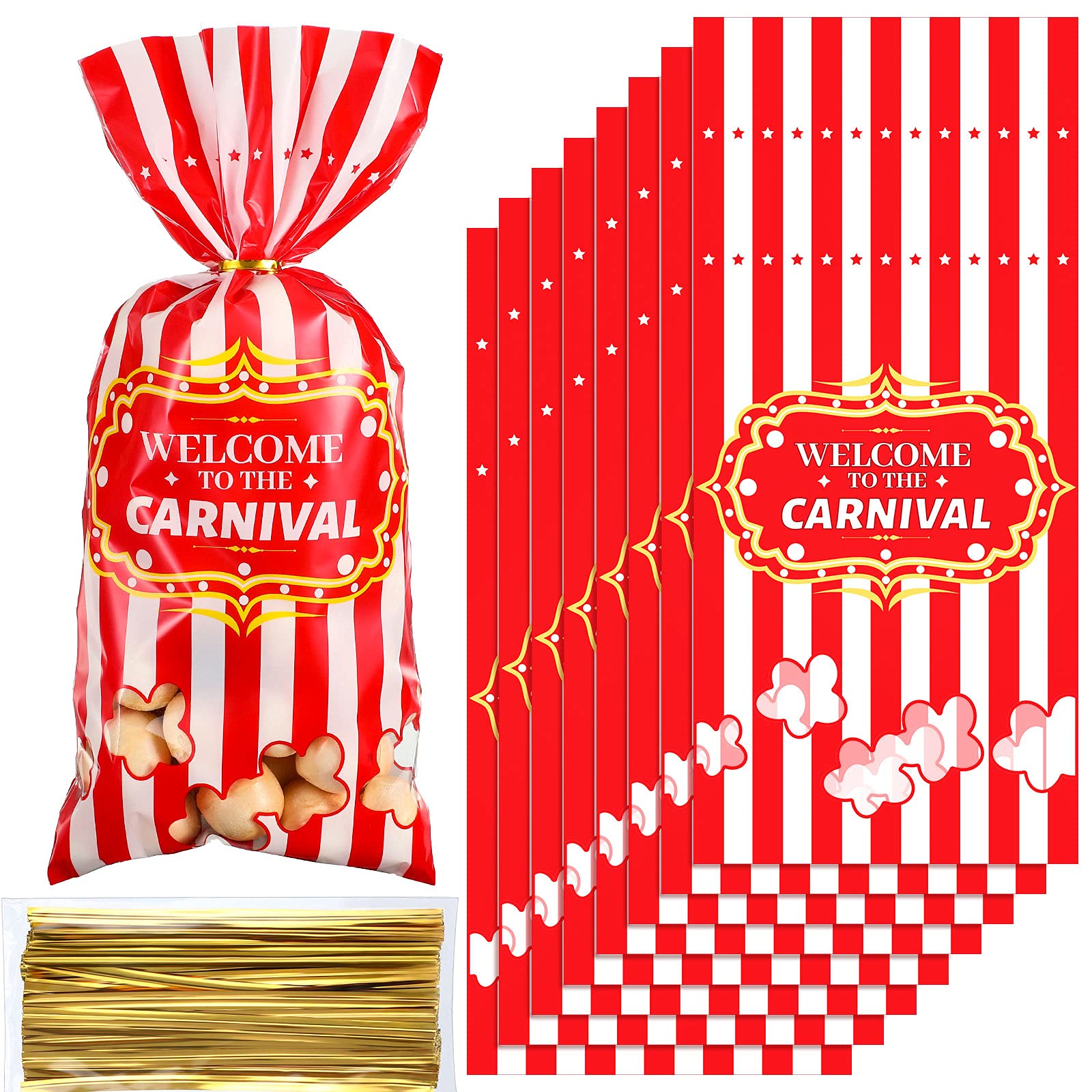 Epakh Carnival Candy Bags - 200 Pack Circus-Themed Plastic Party Favor Bags with Popcorn Pattern & Gold Twisted Ties for Halloween, Birthday Parties, Baby Showers & Wedding Favors - Perfect for Treats, Cookies & Cupcakes