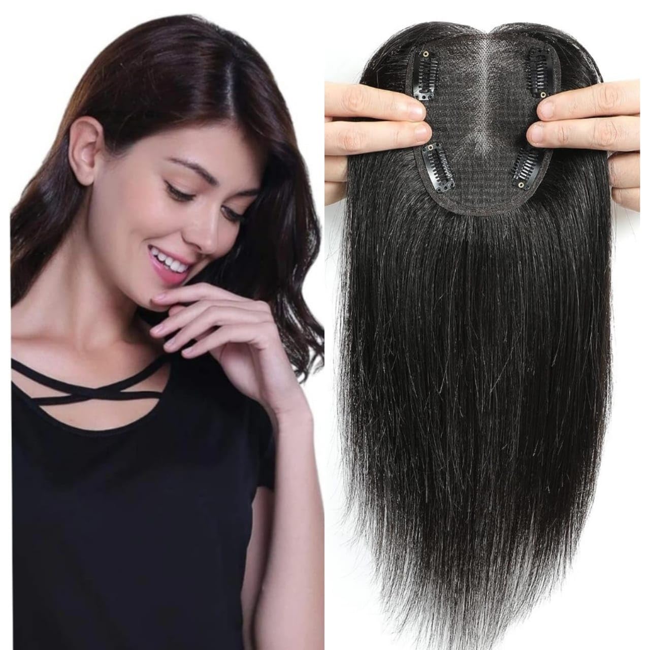 DAZZ LOOK 16 Inch Silk Base Clip-In Hair Topper for Women - Middle Part Human Hair Wig for Thinning Hair & Hair Loss - Soft Jet Black Hair Extension - Perfect for Daily Wear, Special Occasions & Confidence Boost