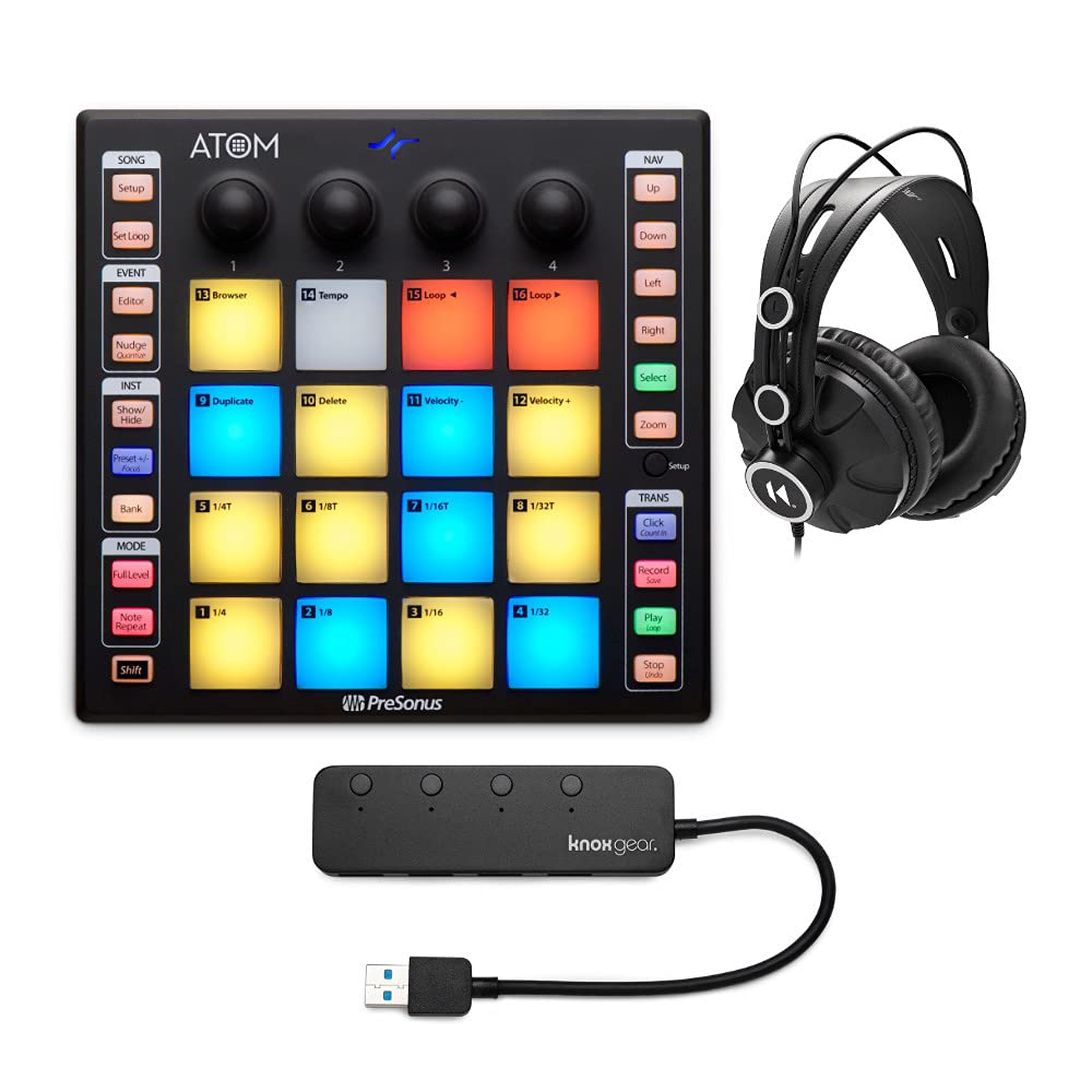 PreSonus ATOM 16-Pad USB MIDI Drum Pad Controller with 4-Port USB 3.0 Hub & Headphone Output - Perfect for Music Production, Beat Making, and Home Studio Recording