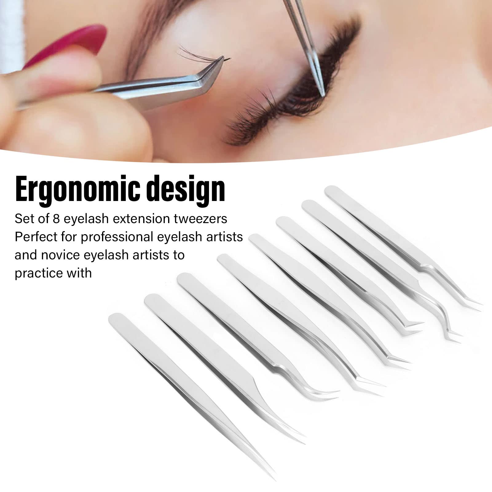 8PCS Professional Stainless Steel Eyelash Tweezers Set - False Eyelash Extension Tools for Eyebrows & Lashes with Storage Box | Perfect for Salon, Home Use & DIY Beauty