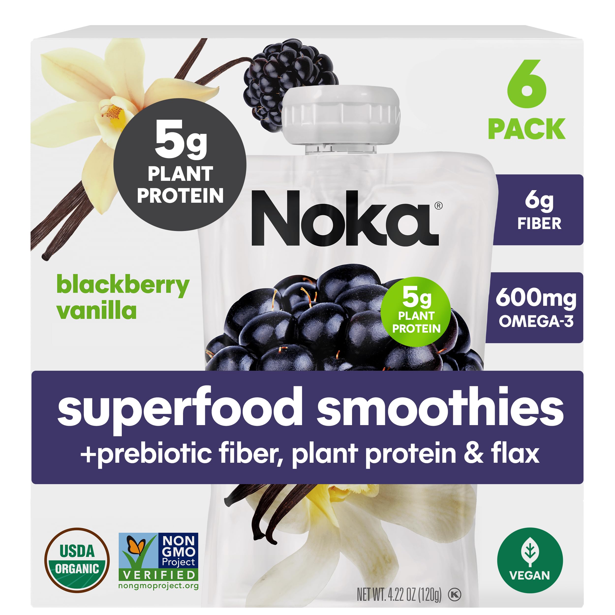 Organic Noka Superfood Fruit Smoothie Pouches - Blackberry Vanilla Flavor | Vegan, Gluten-Free Healthy Snacks with Flax Seed, Plant Protein & Prebiotic Fiber | 4.22 oz Squeeze Pouch (6 Pack) | Perfect for On-the-Go Nutrition, Kids Lunchboxes & Post-Workout Recovery