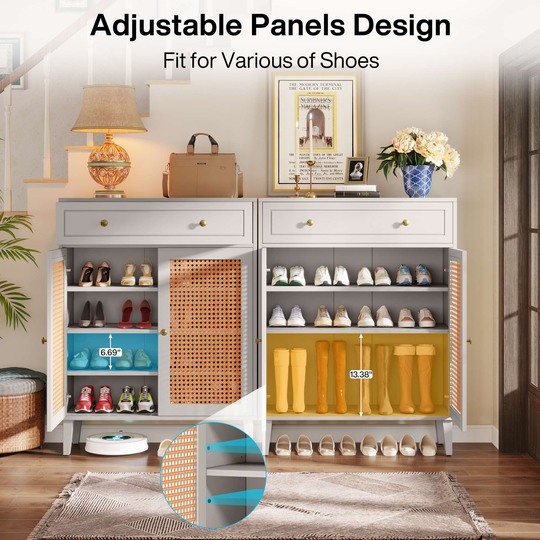 Solid Wood Shoe Cabinet with Rattan Doors & Drawer - Modern Entryway Shoe Storage Organizer for Hallway, Closet, or Mudroom Organization