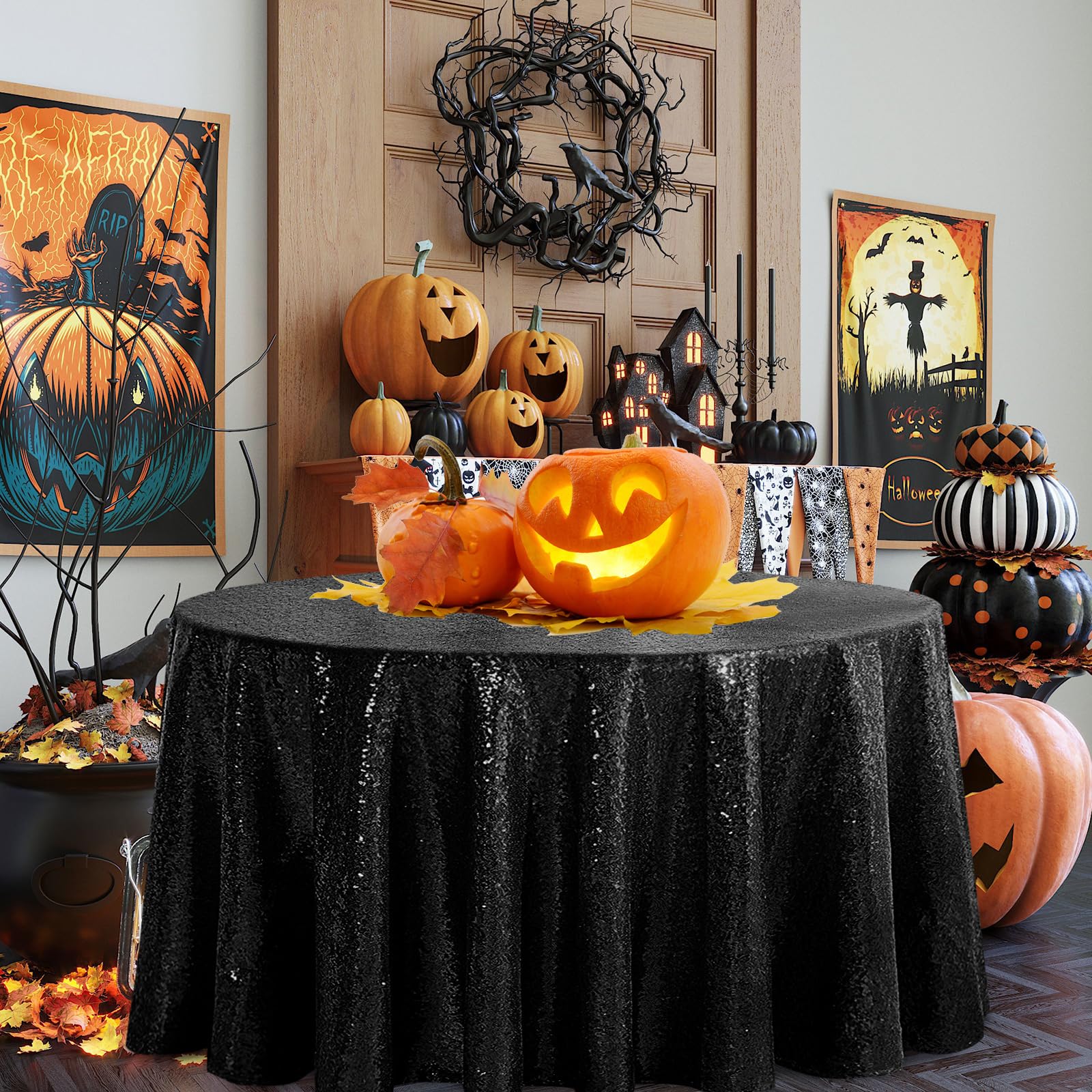120 Inch Round Black Sequin Tablecloth - Glitter Party Table Cover for Weddings, Bridal Showers, Birthdays, Banquets & Dessert Tables | Elegant Event Decor