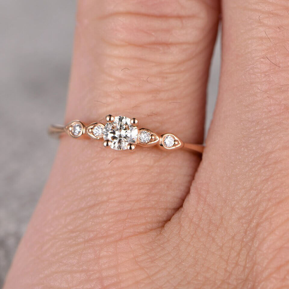 5mm Round Moissanite Engagement Ring 14k Rose Gold - Vintage Milgrain Wedding Band for Women, Classic Antique Style Bridal Jewelry - Perfect for Proposals, Anniversaries & Romantic Occasions