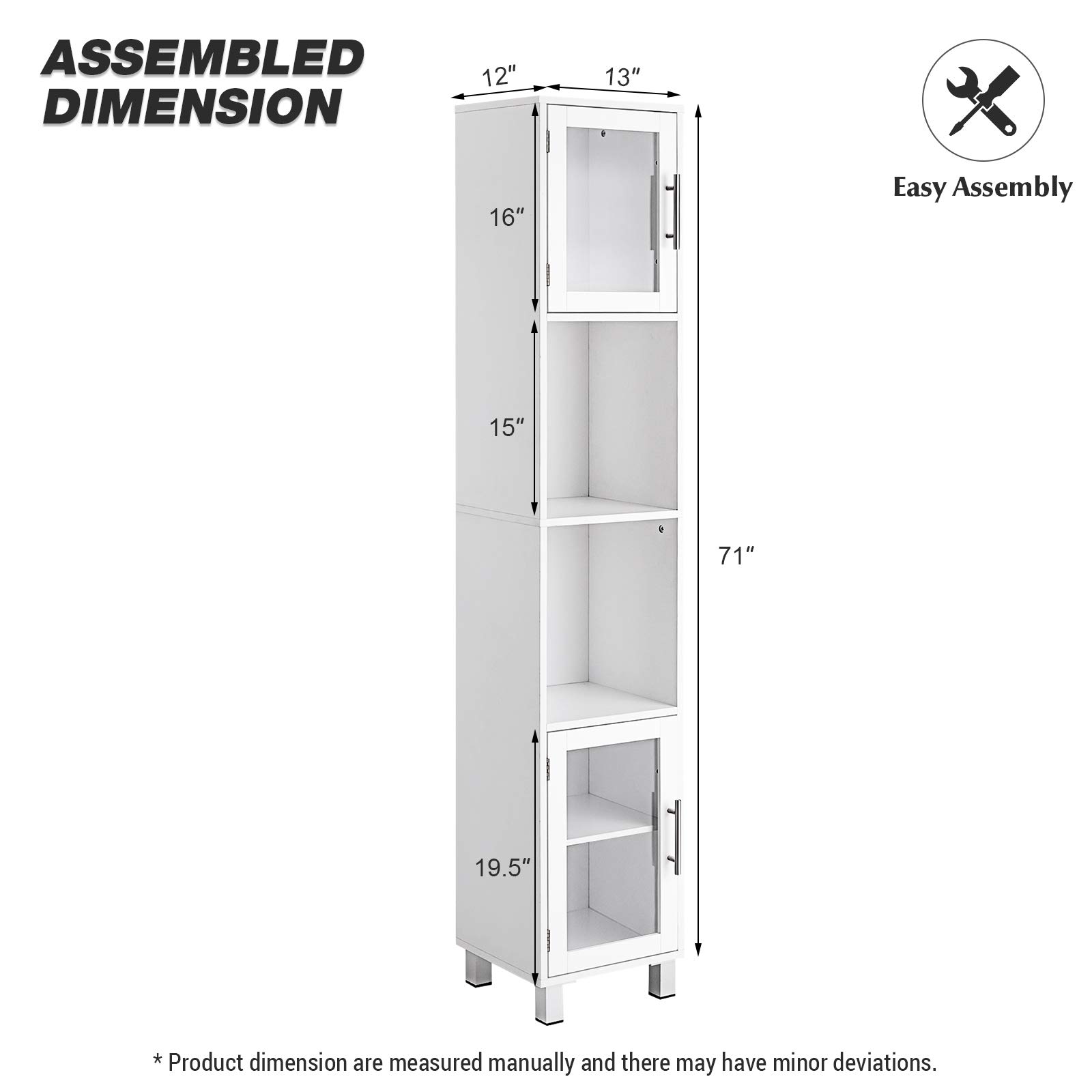 GLACER White Bathroom Storage Cabinet - 71 Inch Tall Kitchen Floor Cabinet with 2 Open Shelves & Tempered Glass Doors - 13x12x71 Inches Organizer for Bath Towels, Toiletries & Cleaning Supplies - Perfect for Small Bathrooms, Laundry Rooms & Kitchen Storage