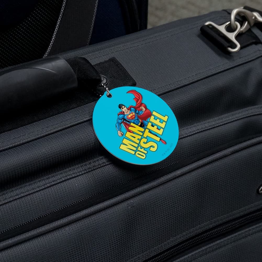 Superman The Man of Steel Round Luggage ID Tag - Durable Suitcase Name Tag for Carry-On Bags - Perfect for Travel, Business Trips & Vacation Identification